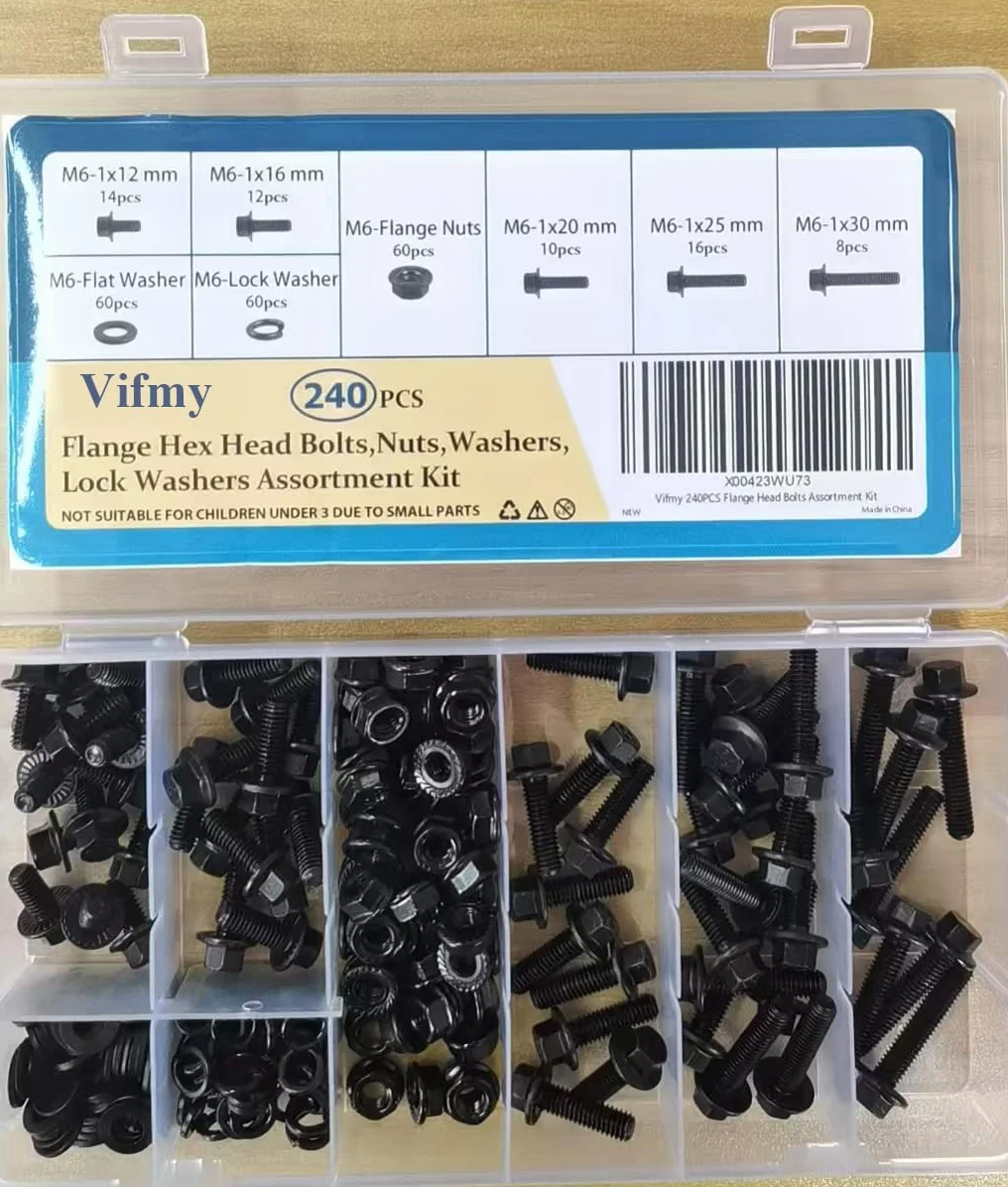 Zestaw śrub kołnierzowych sześciokątnych Vifmy M6-1,0 x 12/16/20/25/30 mm (240 sztuk) z nakrętkami kołnierzowymi, podkładkami, śrubą z łbem sześciokątnym, stal stopowa z pełnym gwintem