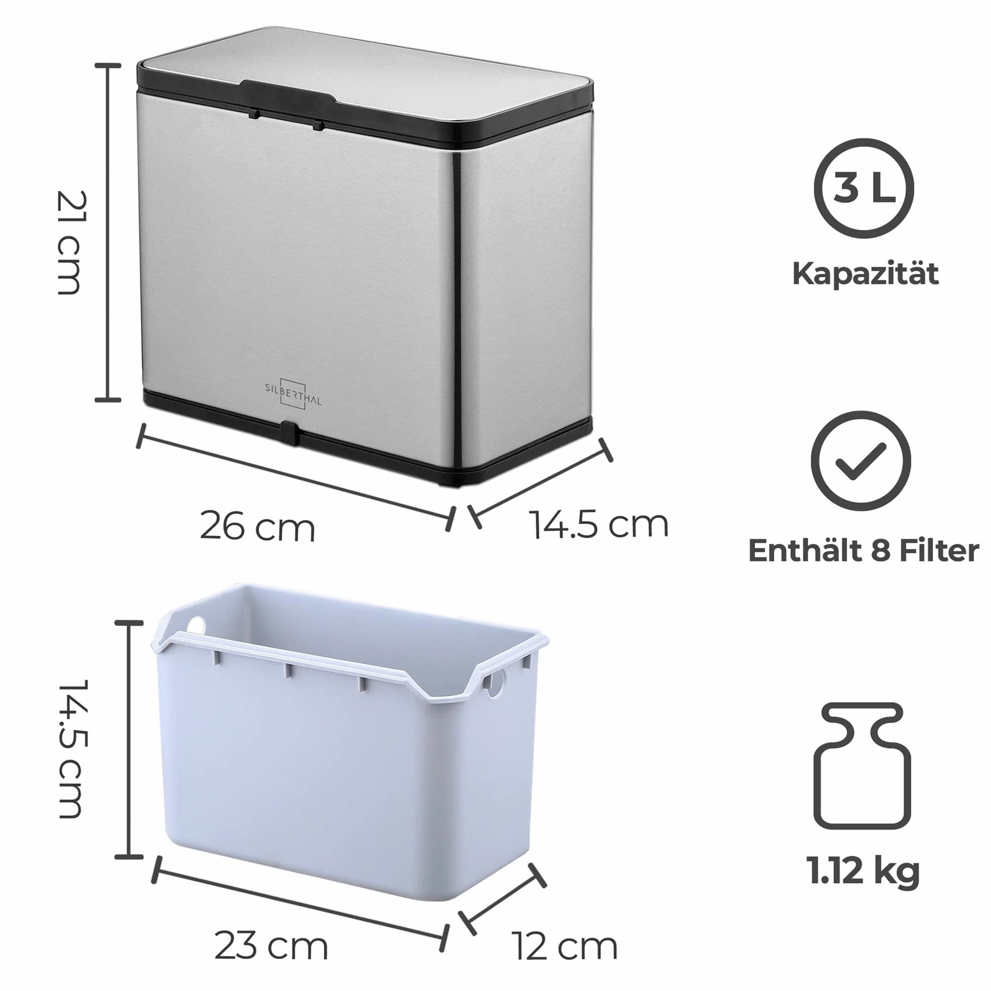 SILBERTHAL Kosz na śmieci ekologiczny, 3 l, stal nierdzewna, z pokrywką, bezzapachowy, z filtrem z węglem aktywnym, pojemnik wewnętrzny, nadaje się do mycia w zmywarce