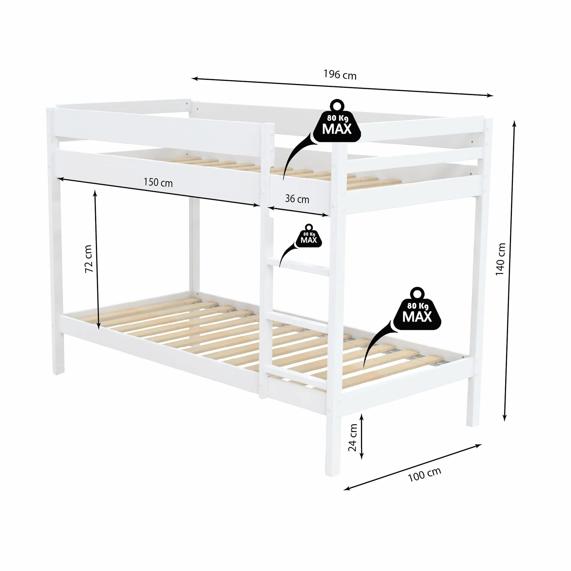 WEBER INDUSTRIES Łóżko piętrowe 90x190 Brice - Białe