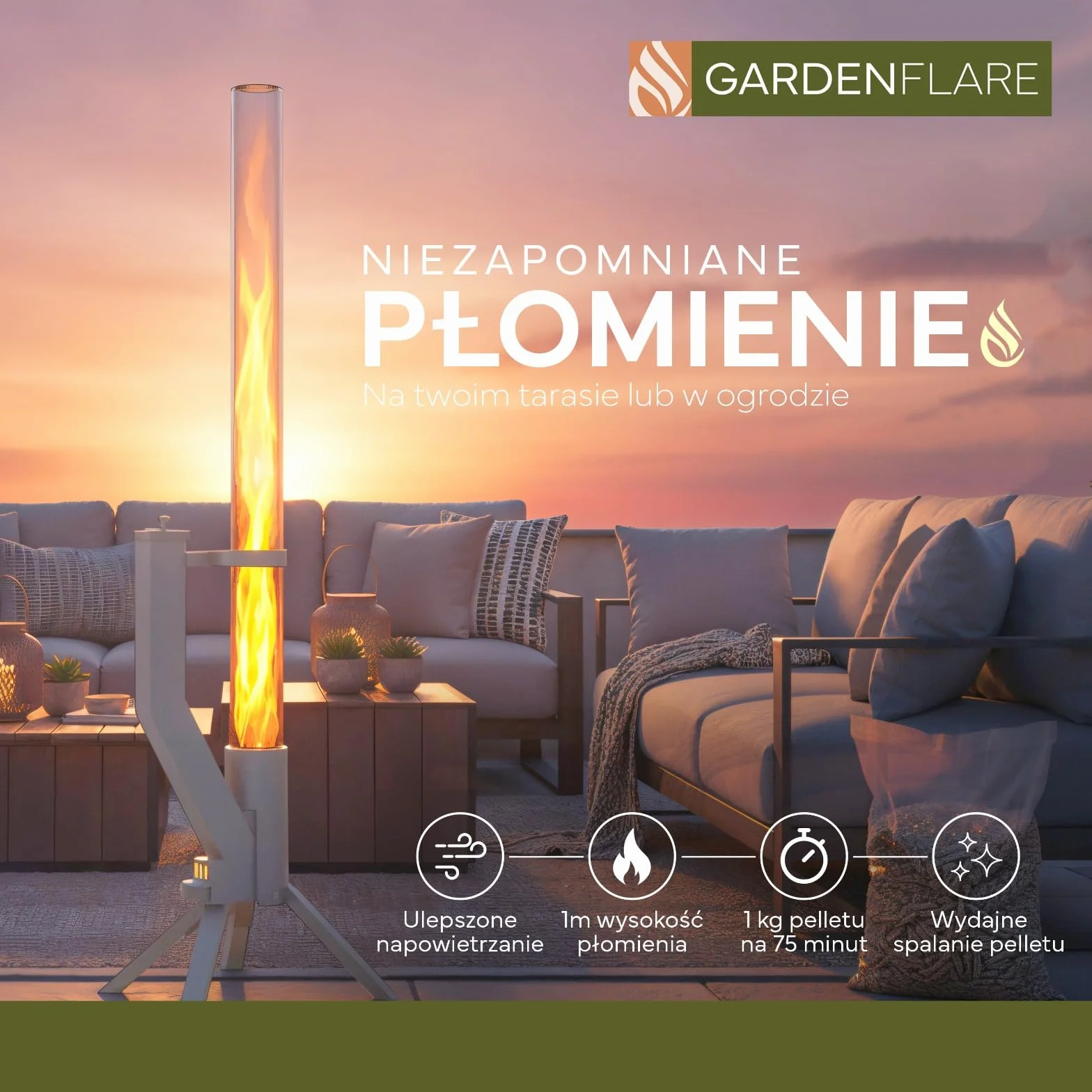 GARDENFLARE Elegancka kolumna ogniowa ze stali nierdzewnej, pelletowa pochodnia do ogrodu i na taras – Alternatywa dla kominka ogrodowego i ogrzewacza tarasowego (srebrny)