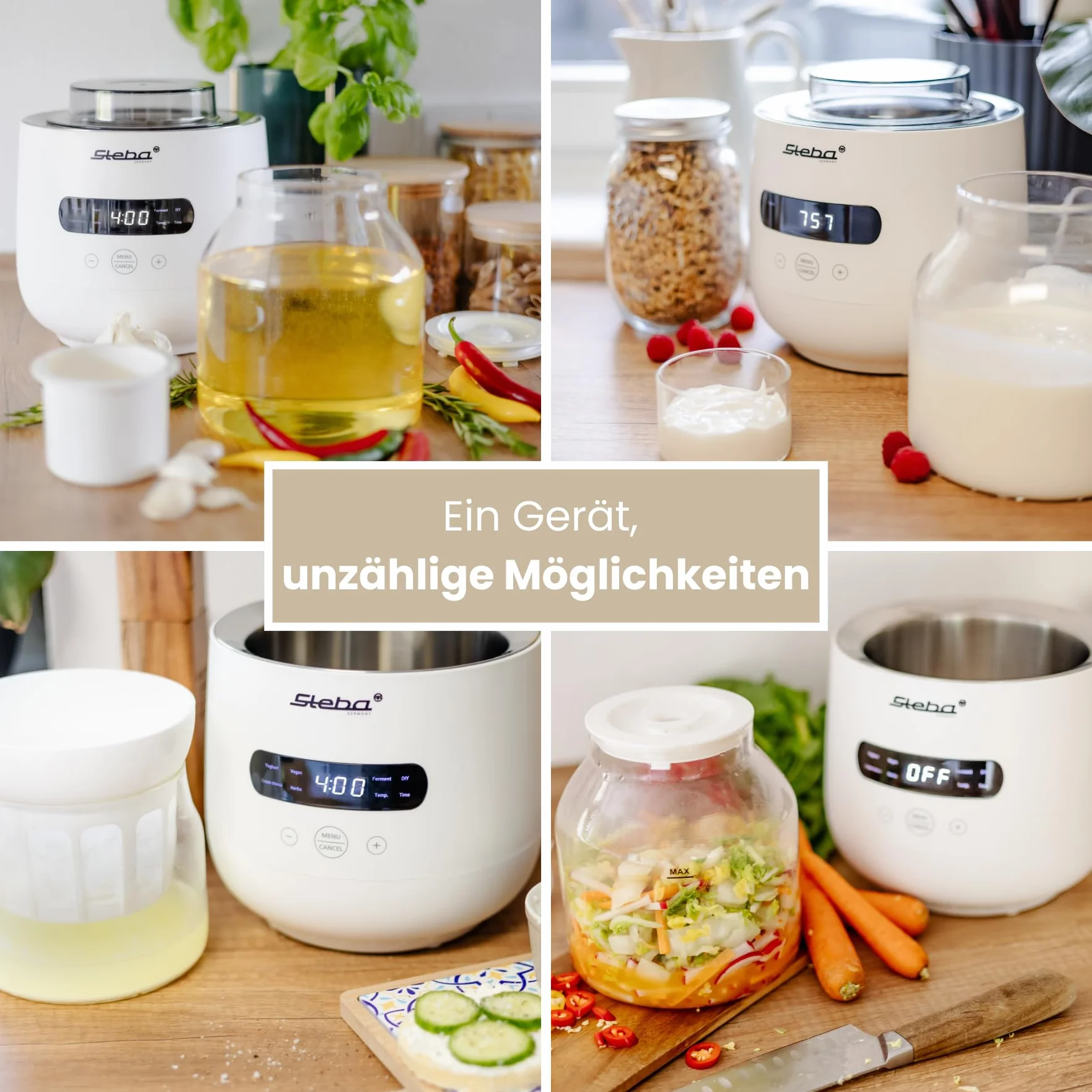 Steba JM 4 urządzenie do robienia jogurtów, 1 szklanka do jogurtu o pojemności 2 l, 1 szklanka do jogurtu o pojemności 1,3 l, 5 automatycznych programów, łatwe czyszczenie,