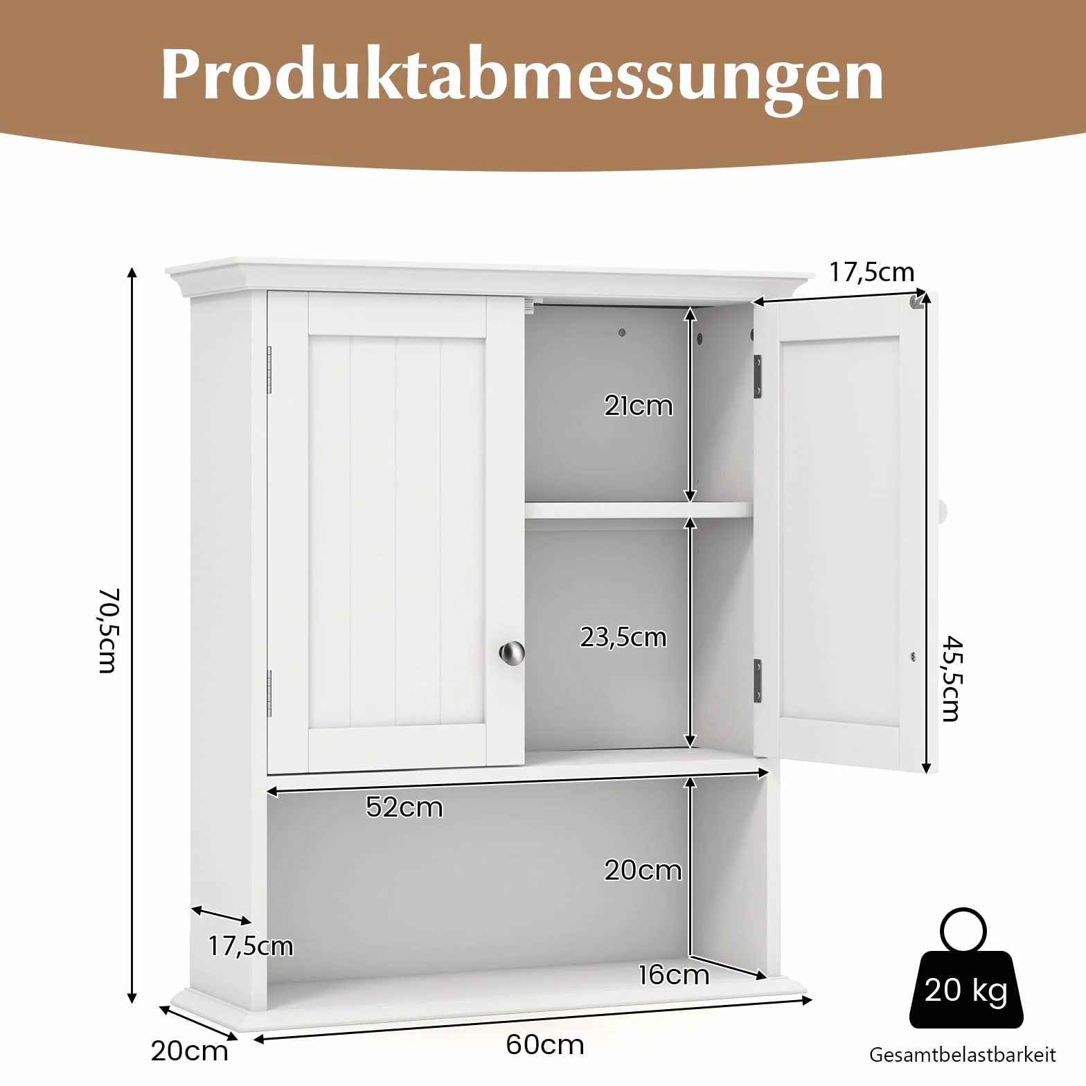 GOPLUS szafka wisząca do łazienki, szafka łazienkowa z drewna z regulowanym regałem, szafka wisząca na ścianie, szafka do łazienki i kuchni, 60×19×71cm (Biały)