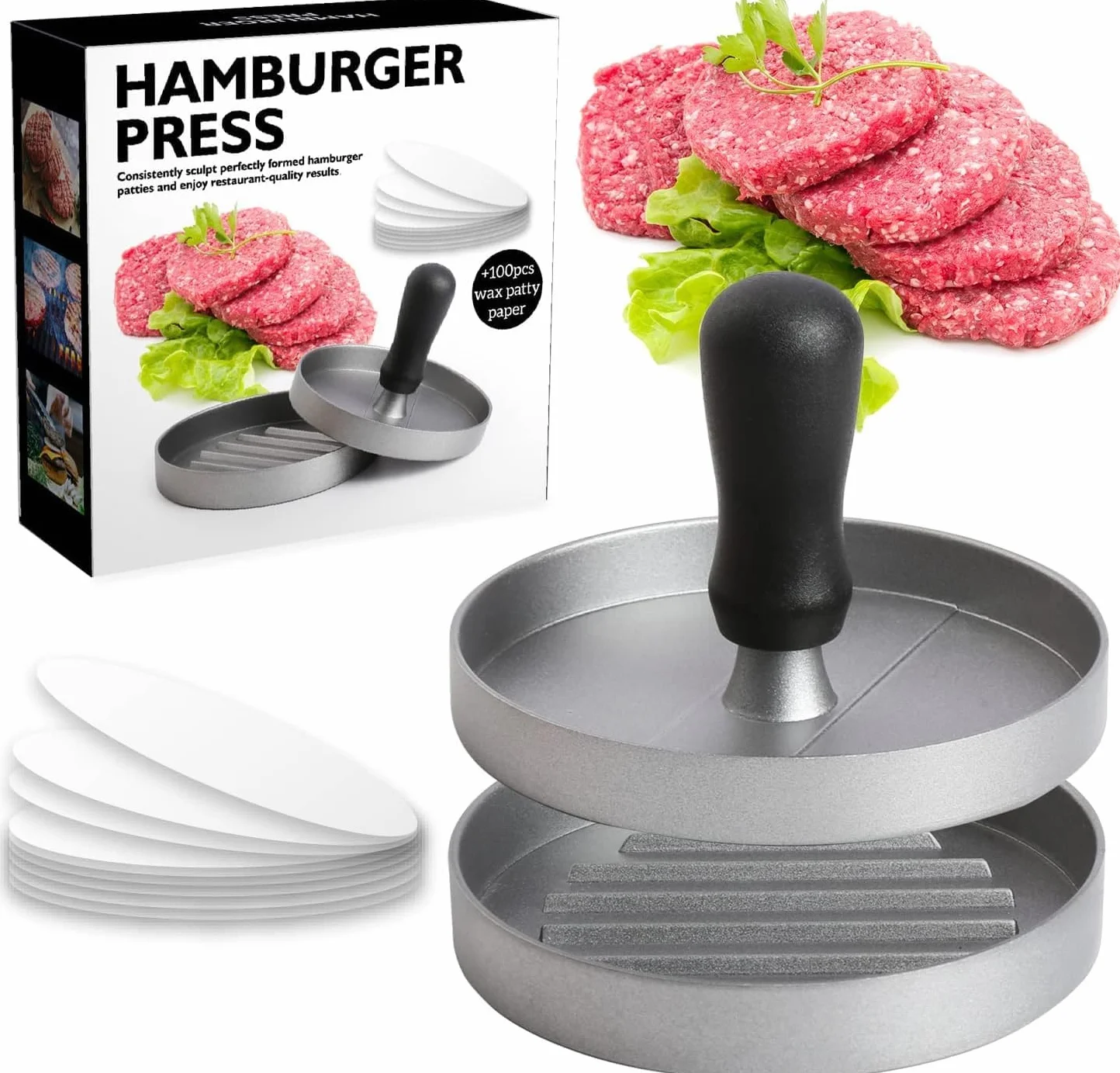 XTDMJ Burger Forma do steków z powłoką nieprzywierającą + 100 arkuszy papieru siarczanowego, przybory kuchenne do robienia pysznych hamburgerów, ciast i grilla