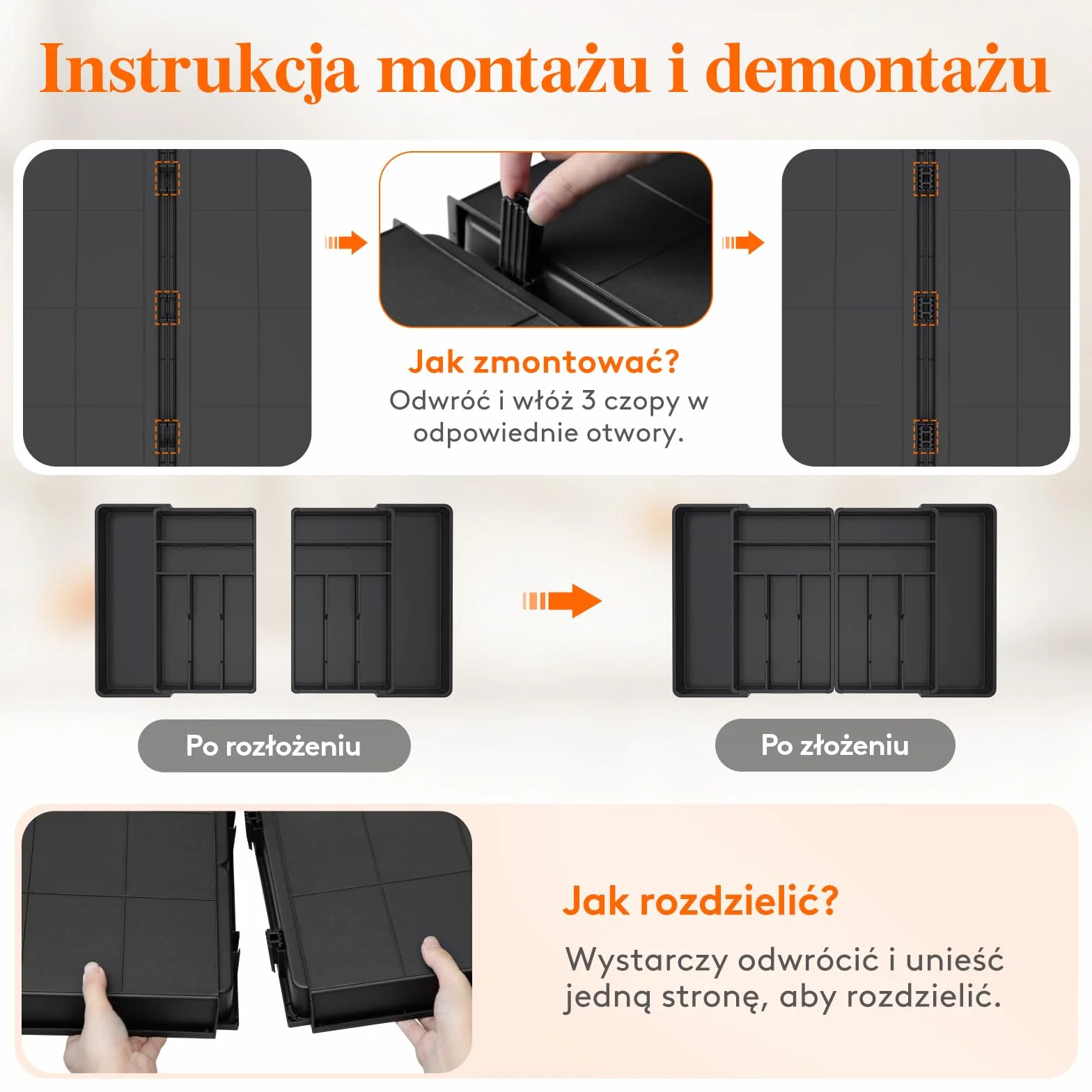 Lifewhite Duża Szuflada na Sztućce, Szerokość od 46 do 70 cm, Regulowana Szuflada na Sztućce do Szuflady, Głębokość 42,4 cm, Wyjmowany Układ szuflady, Plastikowy Uchwyt na Widelce/Noże, Czarny