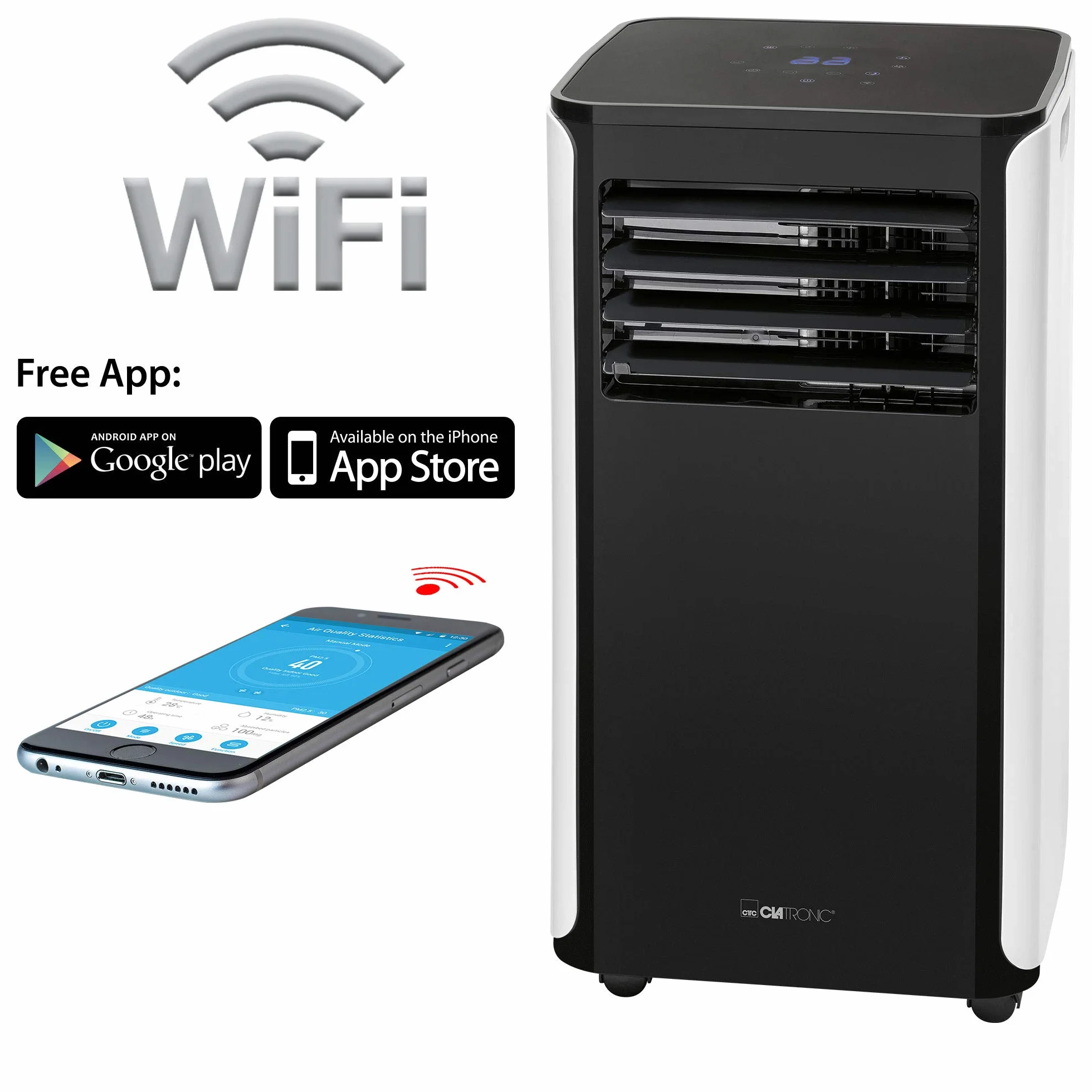 Clatronic CL 3716 mobilny klimatyzator, moc chłodzenia 9000 BTU do dużych pomieszczeń, w zestawie zestaw okienny do uszczelniania, sterowanie Wi-Fi, Voice Control Amazon za pośrednictwem Alexa + Google Assistant, 1050 W, 240 V