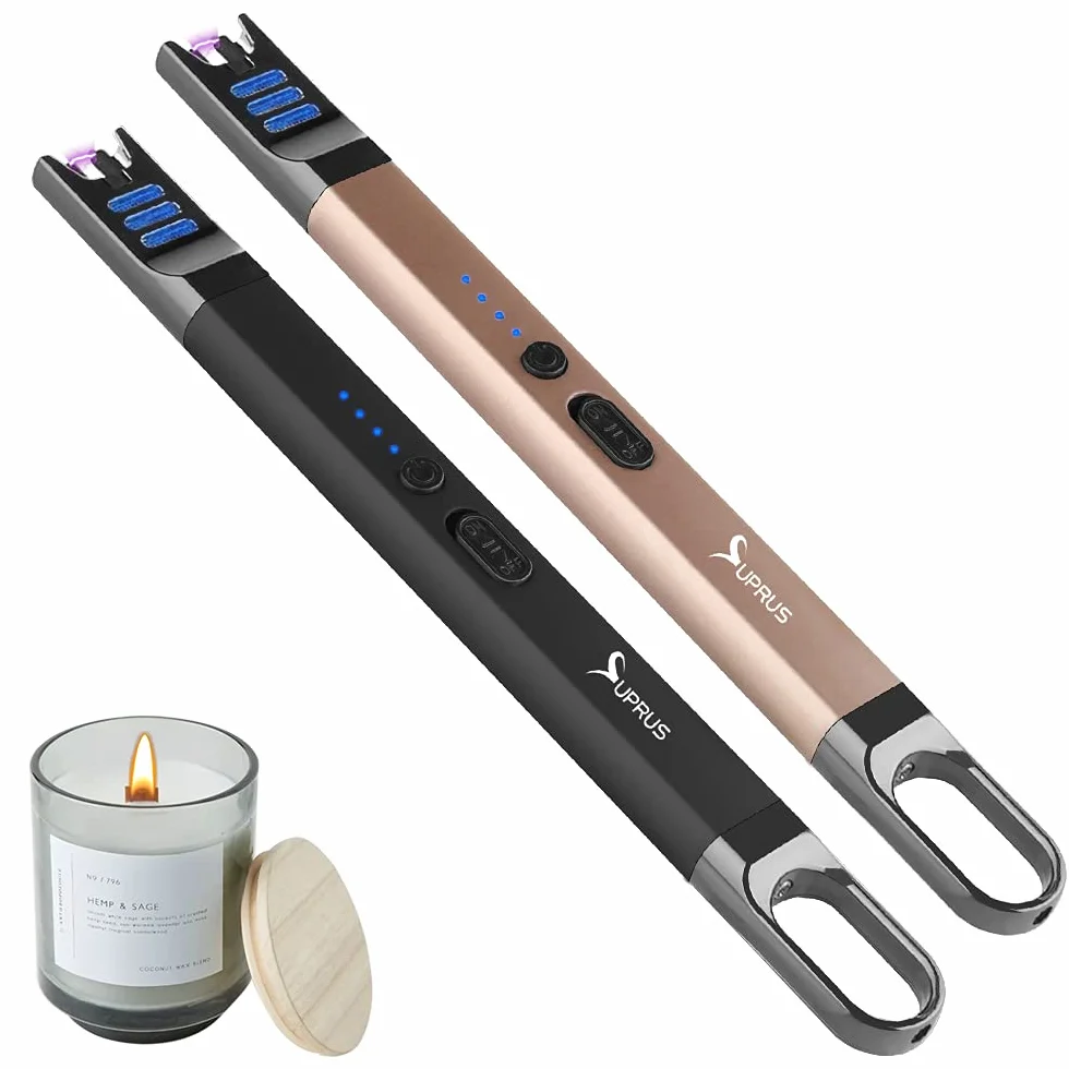 SUPRUS Zapalniczka do świec elektryczna, z łukiem świetlnym, wiatroszczelna, bezpłomieniowa, do ponownego ładowania przez USB z oświetleniem LED, na kemping, grillowanie, gotowanie (czarna + złota)