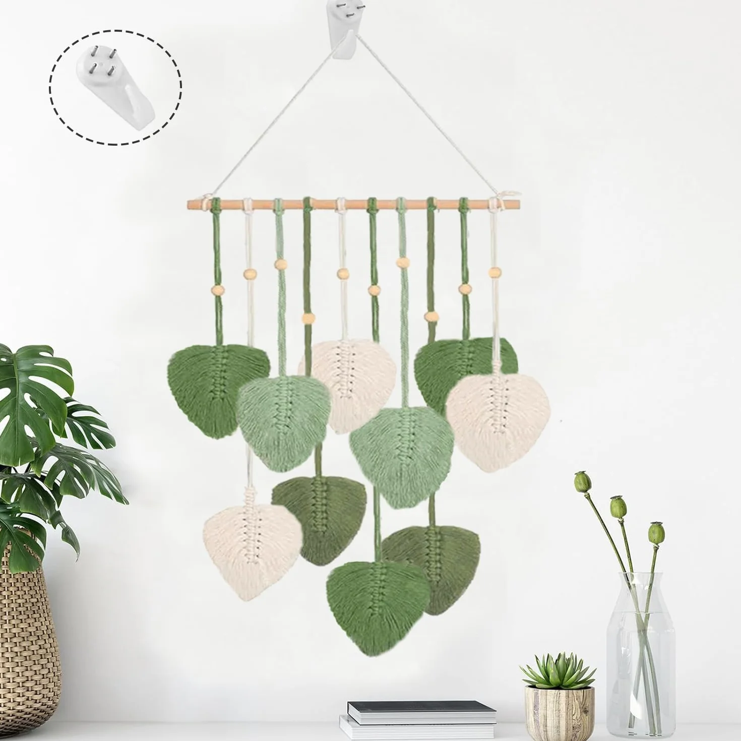 Makrama wiszące liście makrama ścienna boho liść tkany gobelin zielony liść frędzle gobelin boho makrama liść dekoracja ścienna do salonu sypialni pokoju dziecięcego mieszkania
