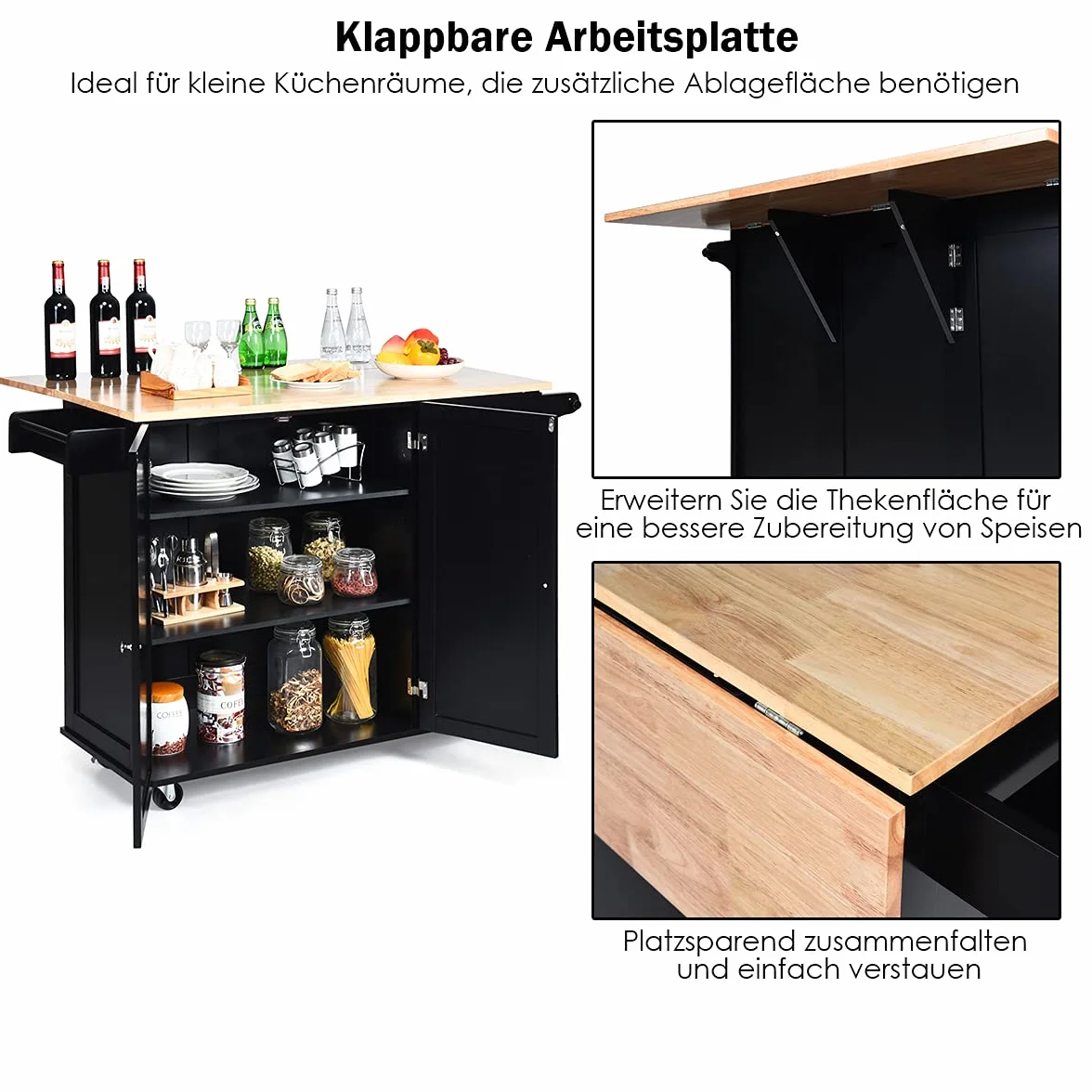 COSTWAY Wózek kuchenny na kółkach, wyspa kuchenna z uchwytem na ręczniki, szafka kuchenna z drewna, wózek do serwowania, wózek na wyspę kuchenną, wózek do kuchenki mikrofalowej, kredens 135 x 76 x 91