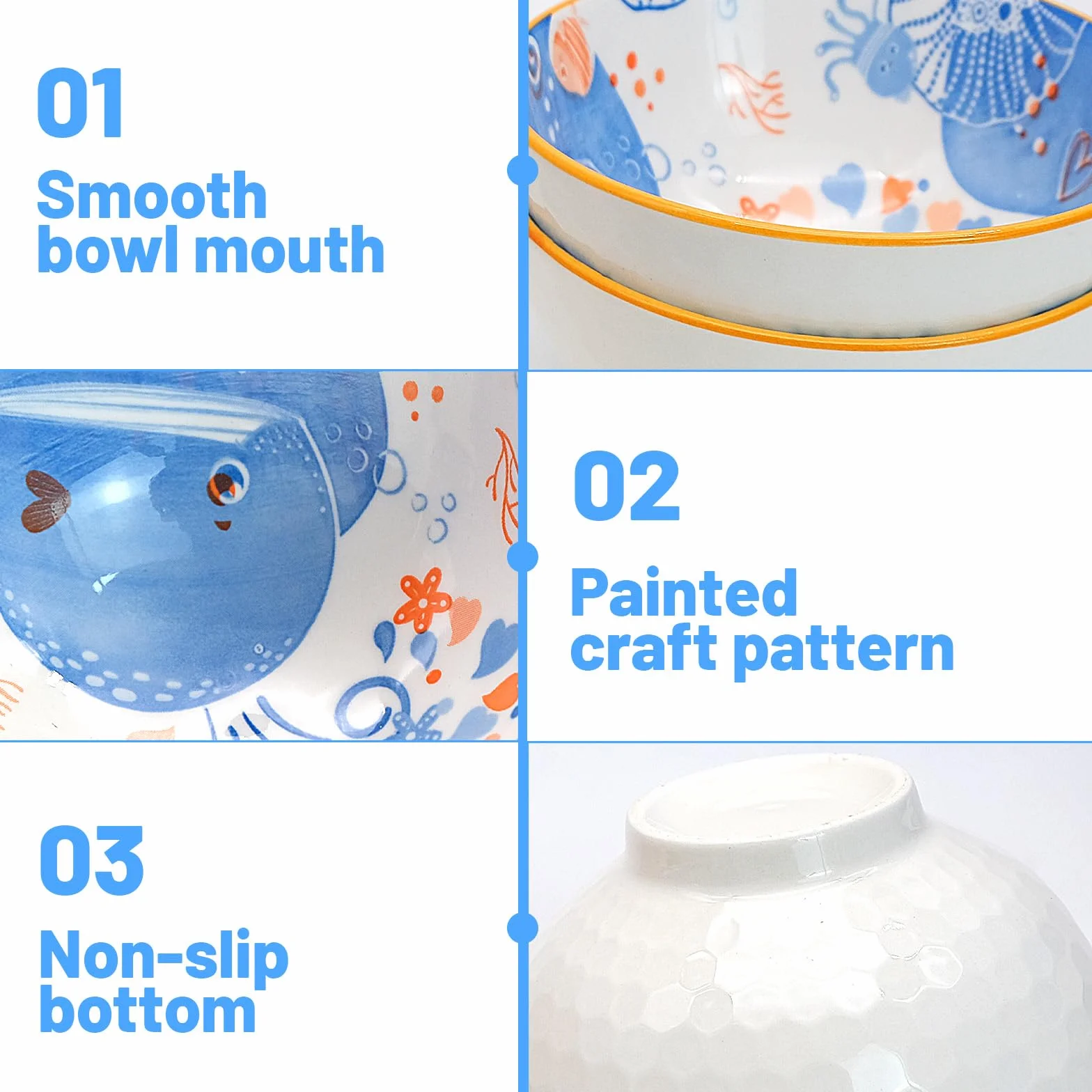 Zestaw 6 ceramicznych misek 300 ml z wzorem niebieskiego wieloryba do ryżu, deserów, musli, lodów, zup i sałatek