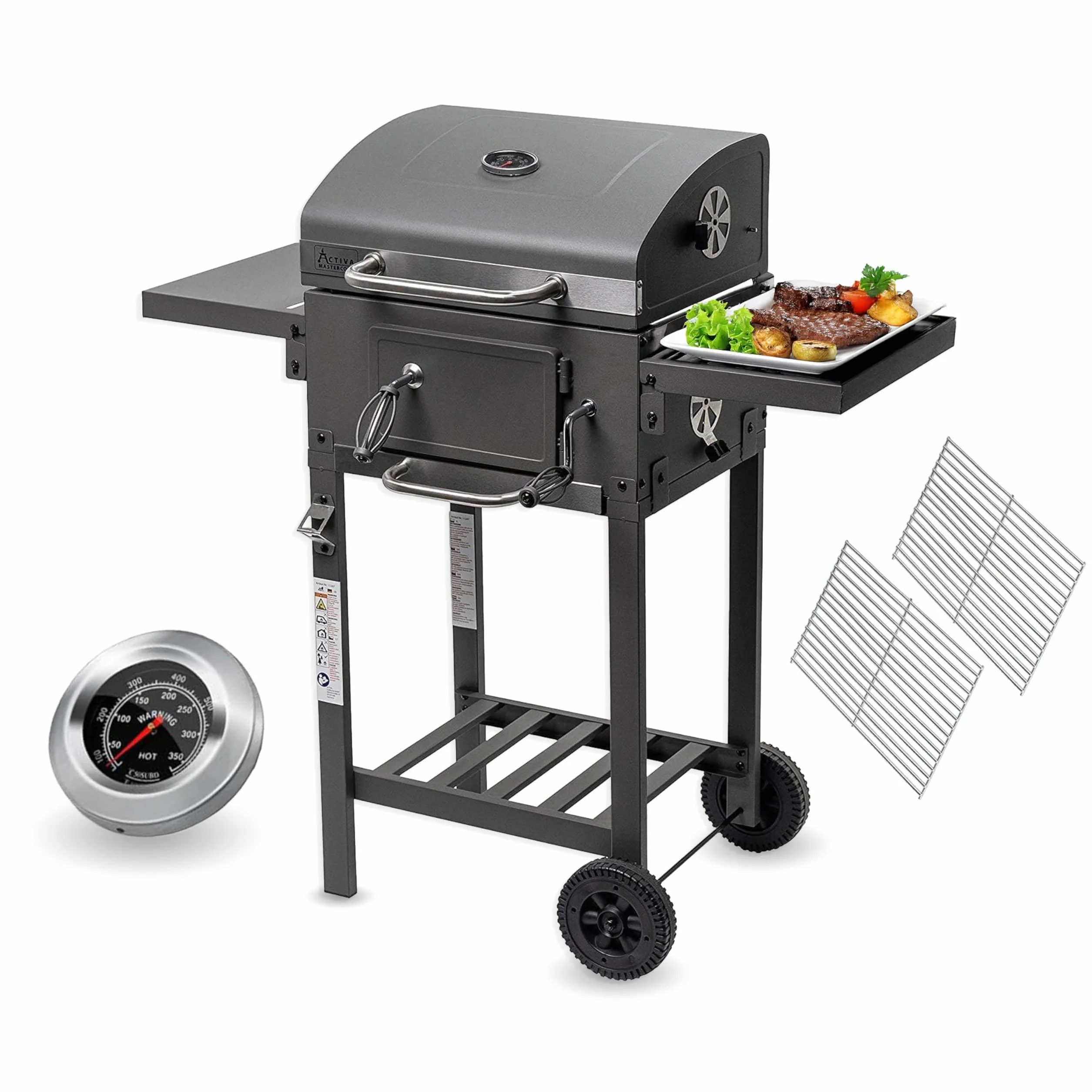 ACTIVA Angular grill na kółkach, grill na węgiel drzewny, stal nierdzewna, duży grill na kółkach, mały grill