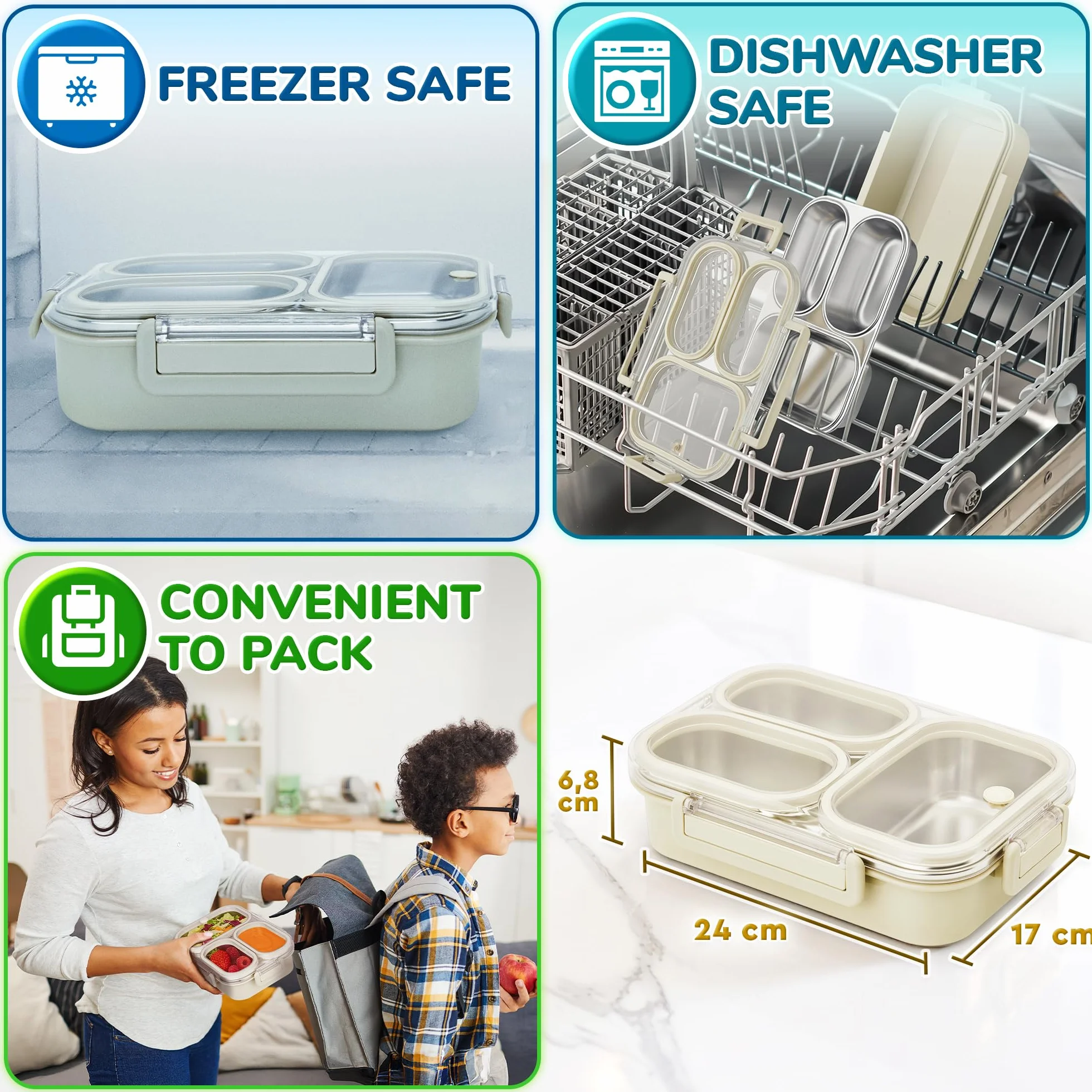 Stainless Steel Bento Lunchbox - 750 mL - Leakproof Metal Lunch Box with 3 Compartments - Premium Sectional Snack Container with Clear Lid - by Everusely