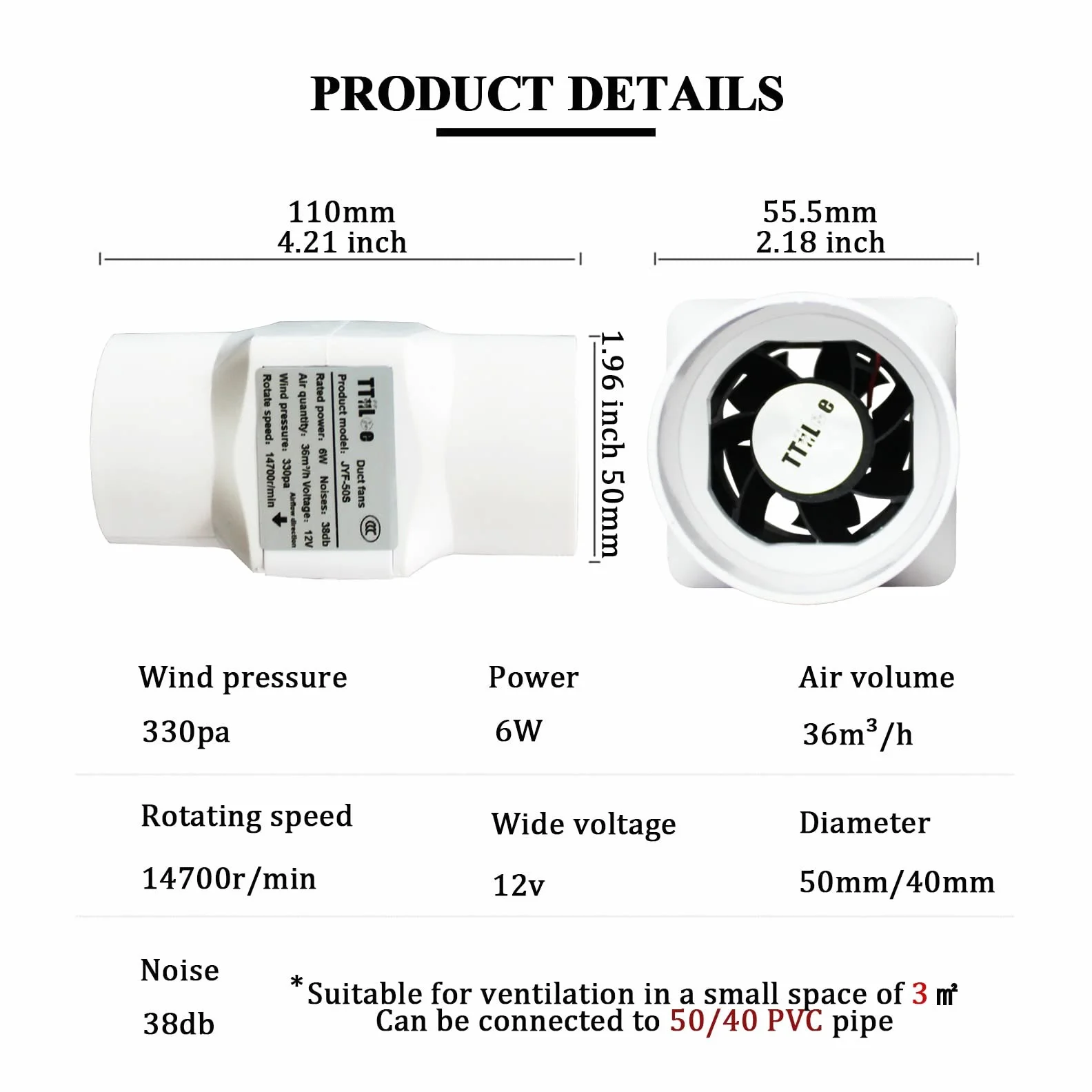 50 mm 2 cale Mały wentylator kanałowy z 40 mm interfejsem rur PVC 6 W 12 V 22 CFM Wentylacja do wzmacniania sklepienia piwnicy, szklarni, strychu, kuchni (Kolor: prędkość regulowana, Rozmiar: 50 mm/40