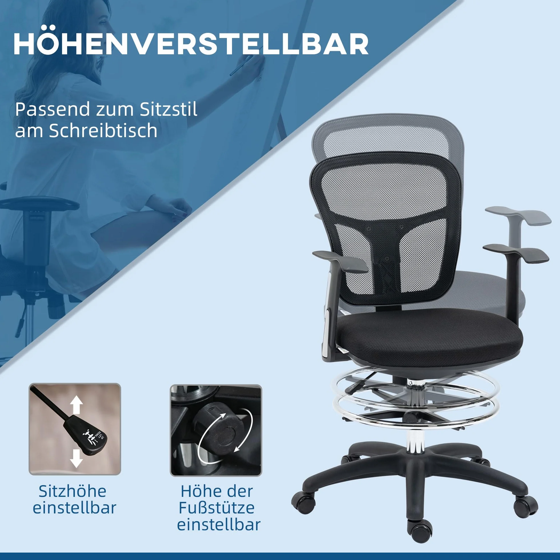 Vinsetto Krzesło biurowe, ergonomiczne krzesło kreślarskie, 95-115 cm, krzesło komputerowe z podłokietnikami, krzesło do biurka z podnóżkiem, krzesło obrotowe do biura, salonu, siatka, czarne