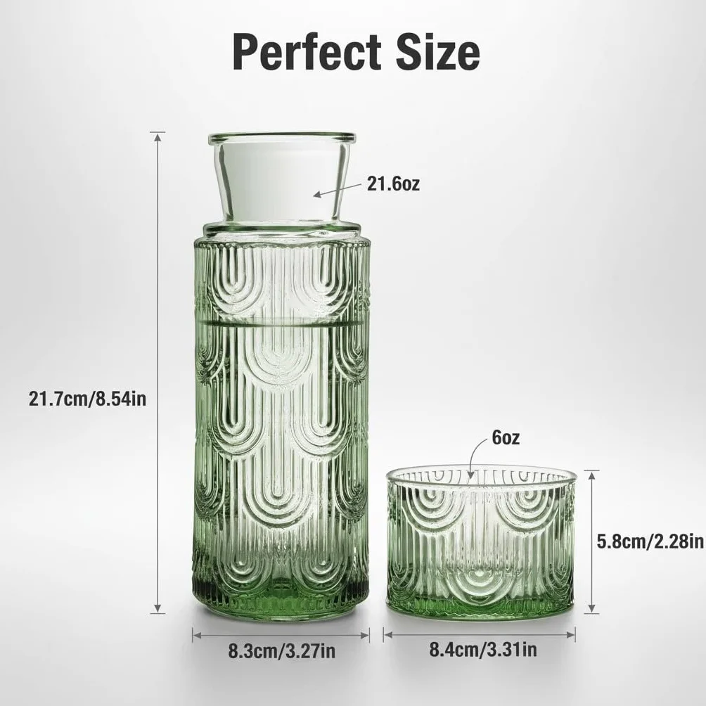 Nocna karafka na wodę i zestaw szklanek, dozownik wody do płukania ust do łazienki, 600 ml, szklany dzbanek z pokrywką 170 ml, do kuchni, sypialni i jadalni (zielony)