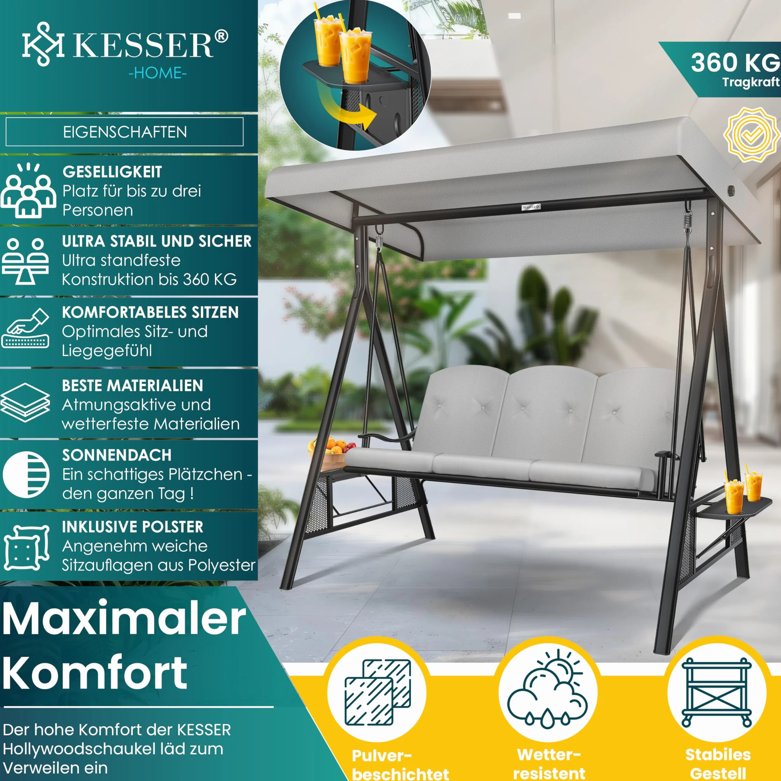 KESSER® Huśtawka ogrodowa z dachem przeciwsłonecznym 3-osobowa i nakładka na siedzisko | huśtawka ogrodowa o obciążeniu do 360 kg | leżak ogrodowy z antypoślizgowymi nóżkami | ławka huśtawka odporna