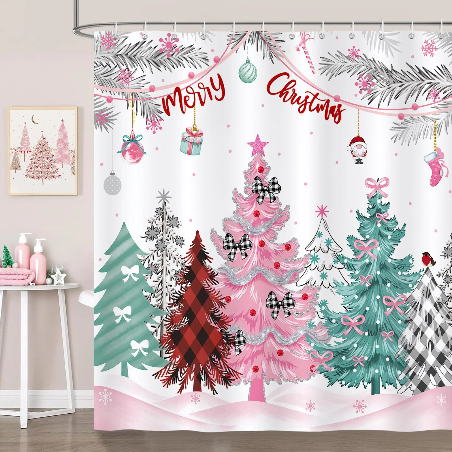 Bonhause Zasłona prysznicowa, na Boże Narodzenie, drzewo, pled, zima, sosna, różowa, do domu wiejskiego, 180 x 180 cm, odporna na pleśń, wodoszczelna, poliestrowa, nadaje się do prania, zasłona