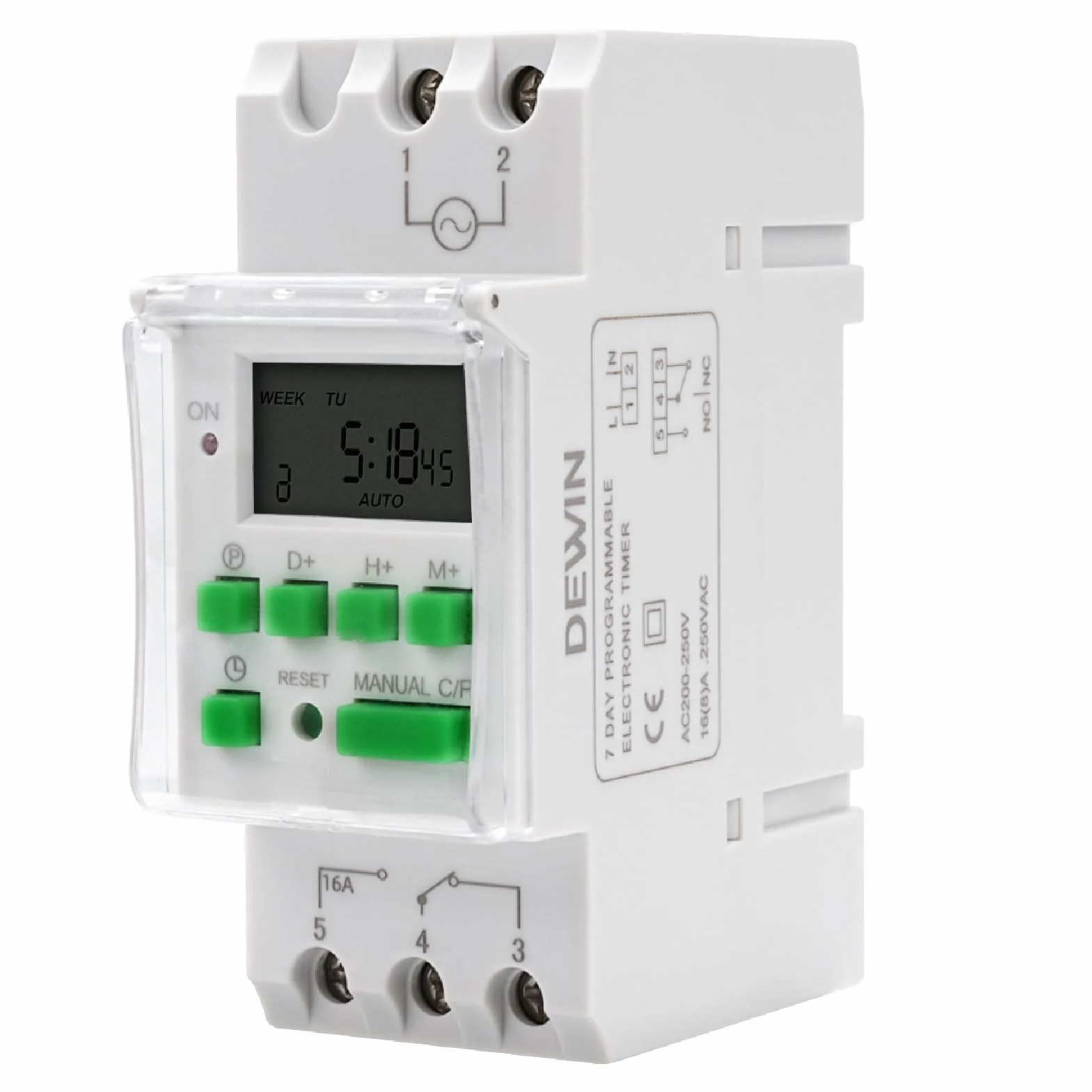 DEWIN Cyfrowy przełącznik czasowy do szyn DIN, cyfrowy przełącznik czasowy, programowalny tygodniowy elektroniczny timer AC 230 V
