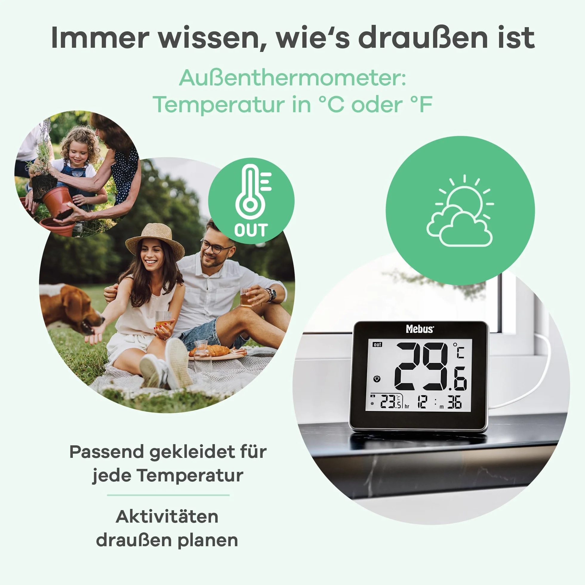 Mebus termometr cyfrowy do użytku wewnątrz i na zewnątrz z przewodowym czujnikiem zewnętrznym, czas, min/max wartości, kolor: czarny, model: 48432