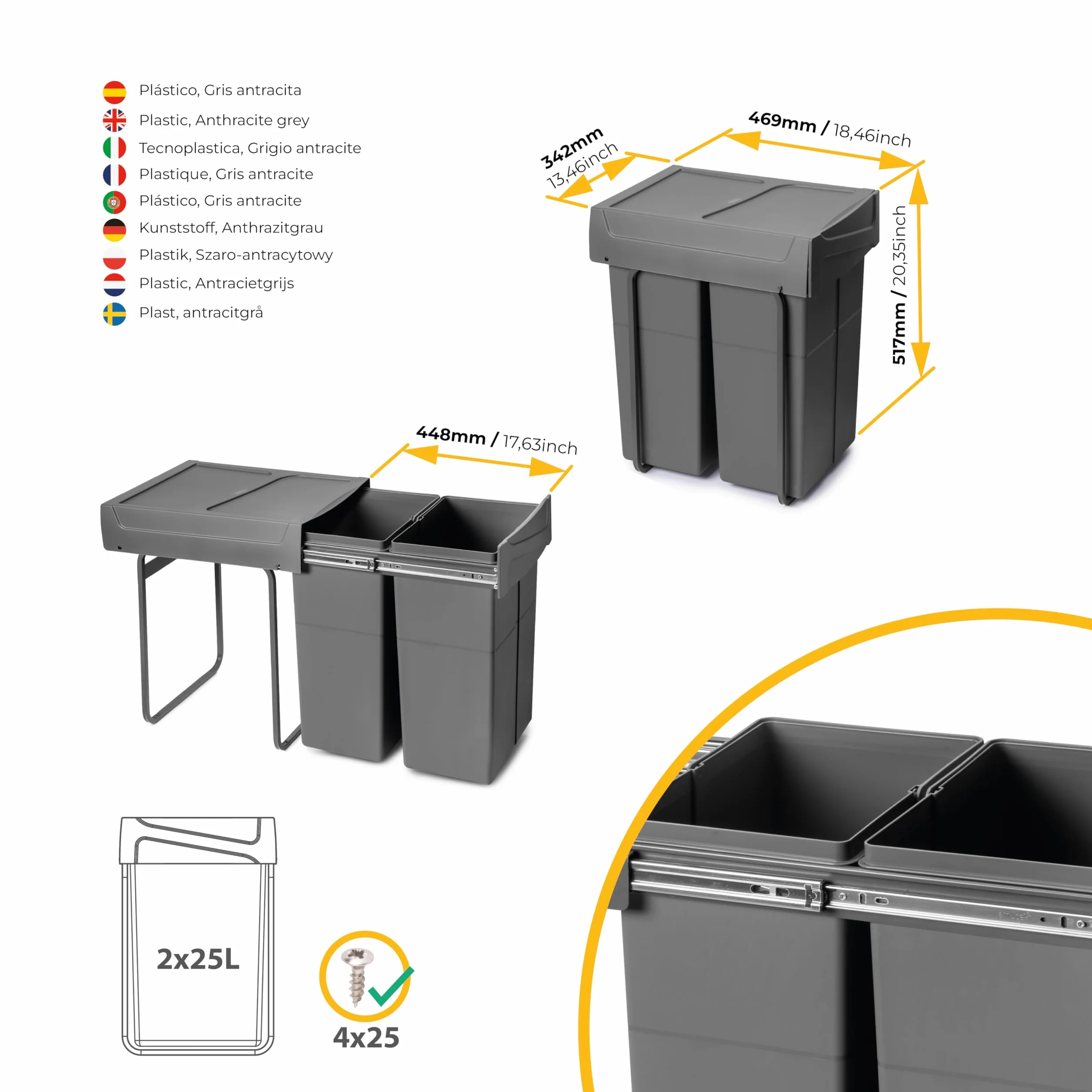 Emuca - Pojemnik do recyklingu 2x25 litrów, mocowanie dolne, wysuw manualny, Plastik, Szary antracytowy