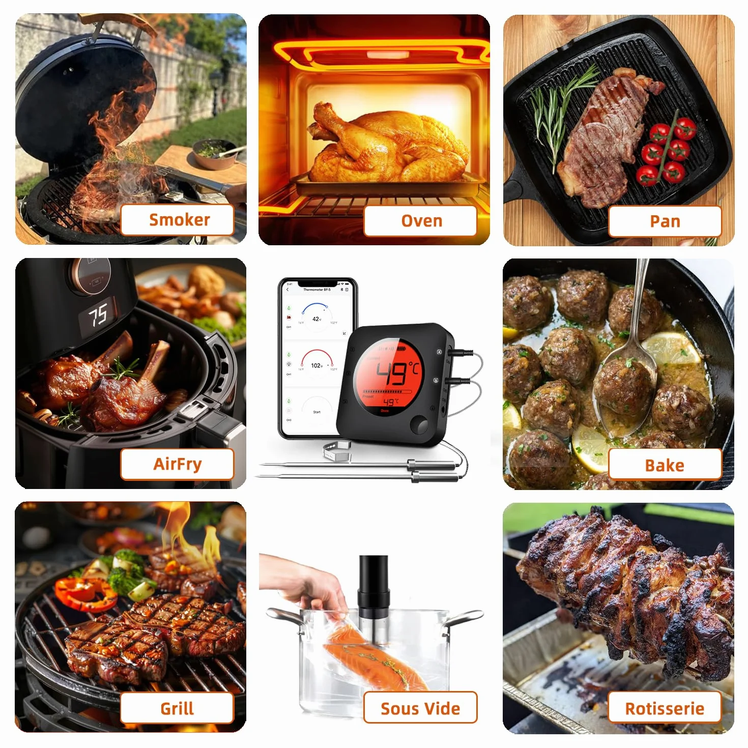 BFOUR termometr do pieczenia z funkcją Bluetooth, z zegarem, 4 czujnikami temperatury, sondą, cyfrowym termometrem do grilla, podświetleniem tła LED