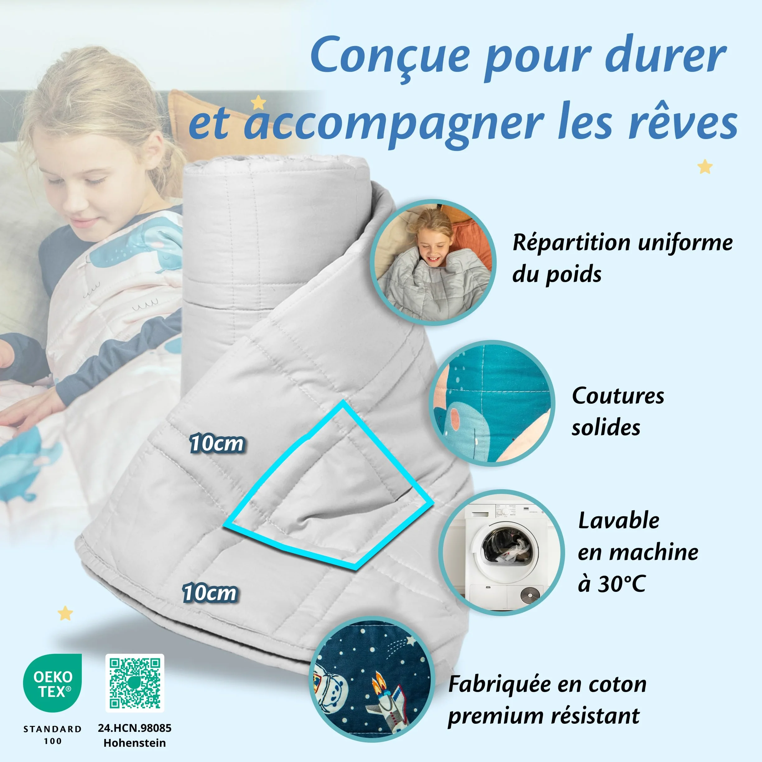 Ella Gewichtsdeken voor kinderen, 4,5 kg, 100 x 170 cm, therapiedeken, voor stressvermindering en angst, hypoallergene glazen kralen, zachte en verkoelende katoenen buitenlaag, voor kinderen van 40-60