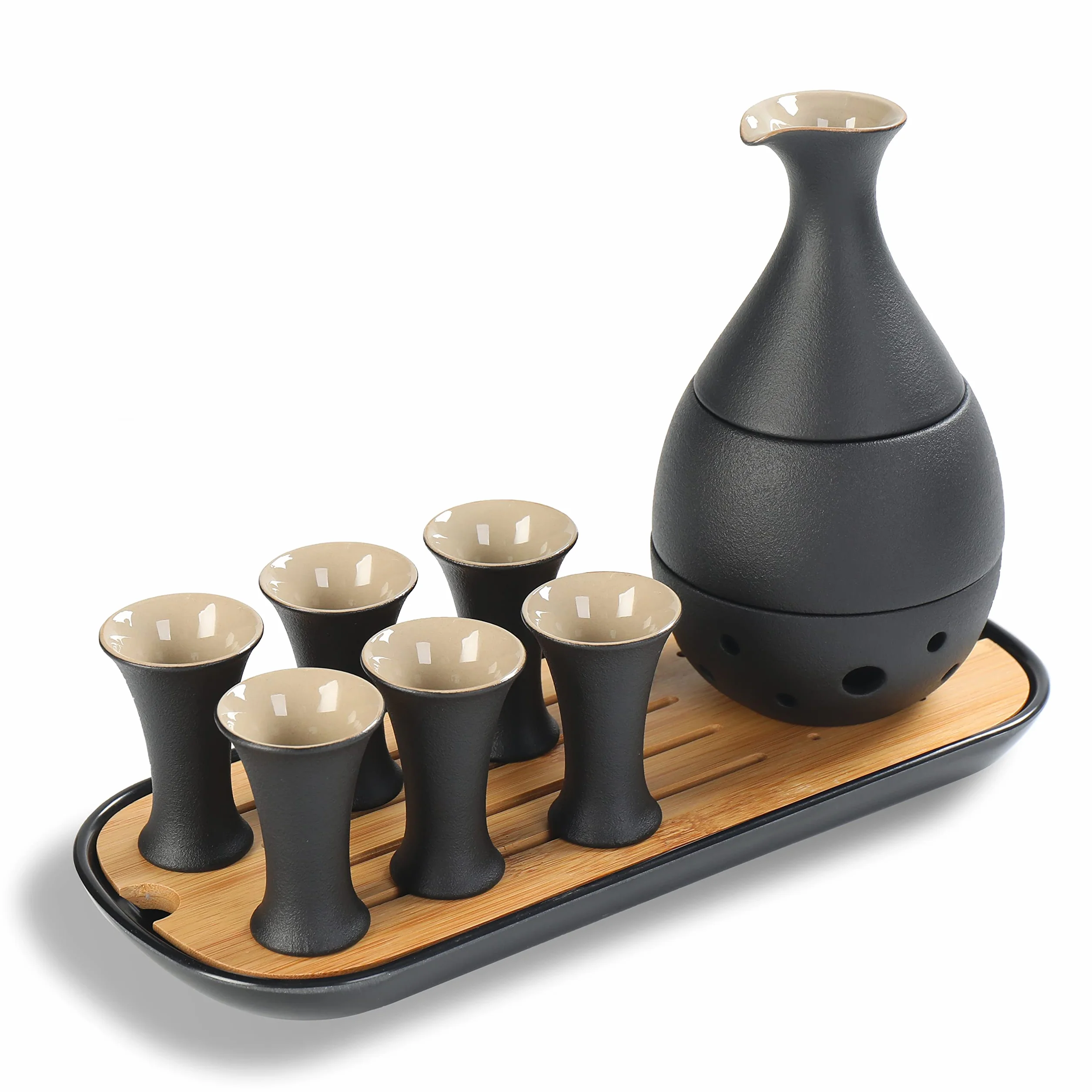 TEANAGOO Tradycyjny japoński zestaw do sake, karafka do sake (170 g) z 6 kubkami do sake (25,5 g) do gorącego lub zimnego japońskiego likieru soju z tacą bambusową do serwowania zestawów upominkowych