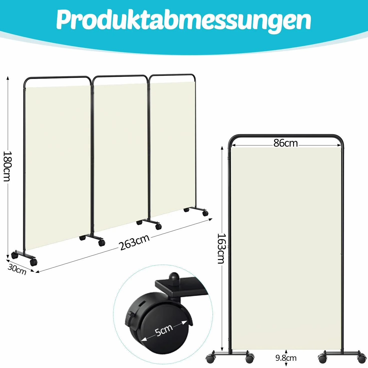 Parawan działowy, składany, wolnostojąca, ścianka działowa na kółkach, ochrona przed wzrokiem, 3-częściowa ścianka działowa 263 x 180 cm, wolnostojąca ścianka działowa do biura, sypialni