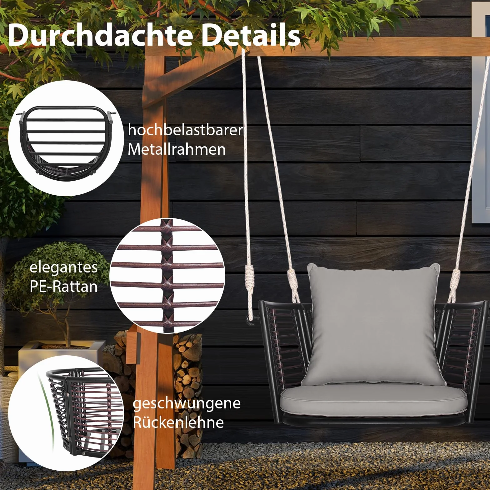 COSTWAY Fotel wiszący, rattanowy, obciążenie do 180 kg, fotel wiszący z poduszkami, metalową ramą i linami wiszącymi, fotel bujany, na werandę, do ogrodu, na podwórko (kolor szary)