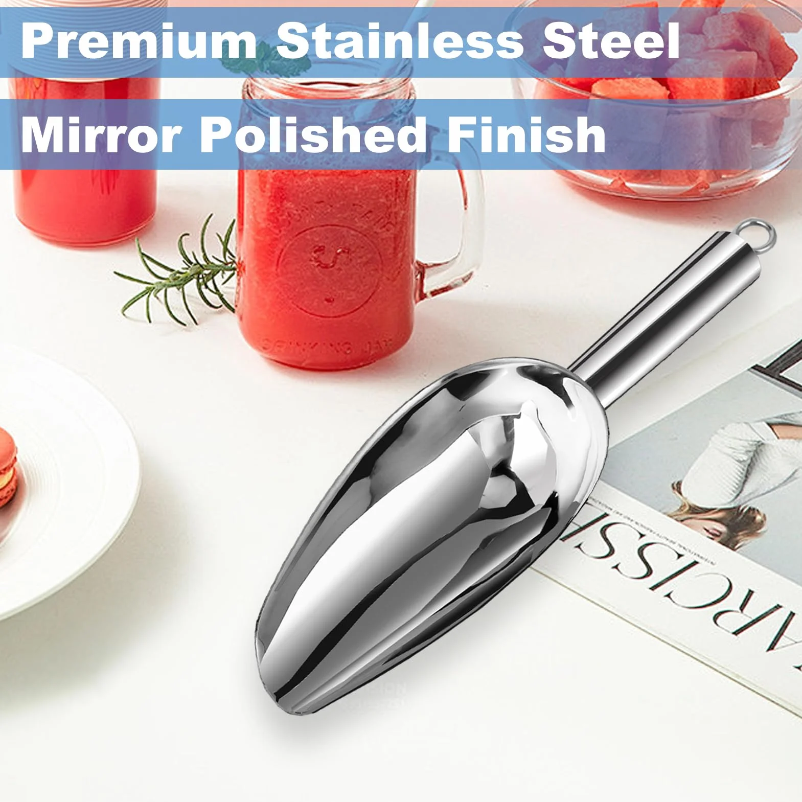Metalowa szufelka do lodu do zamrażarki, 170 ml szufelka ze stali nierdzewnej do maszyny do lodu, wiadra do lodu, baru, kuchni, na imprezy, wielofunkcyjne łyżki do kostek lodu, popcornu, mąki