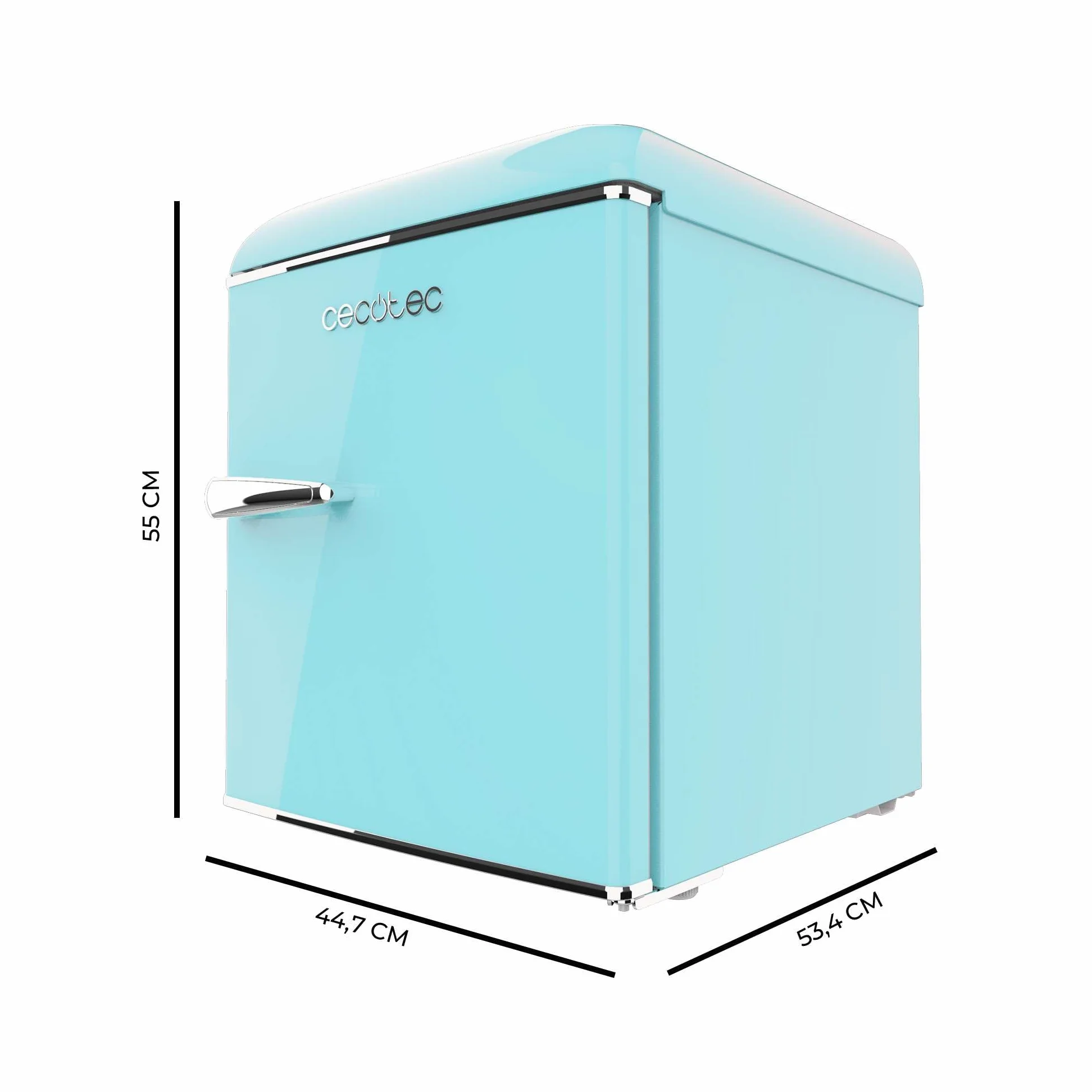Cecotec Mini lodówka - lodówka retro 45 l Bolero CoolMarket TT Origin 45 Blue. 55 cm wysokości i szerokości 44,7 cm, klasa energetyczna E, lodówka lodówka i chromowany uchwyt, niebieski