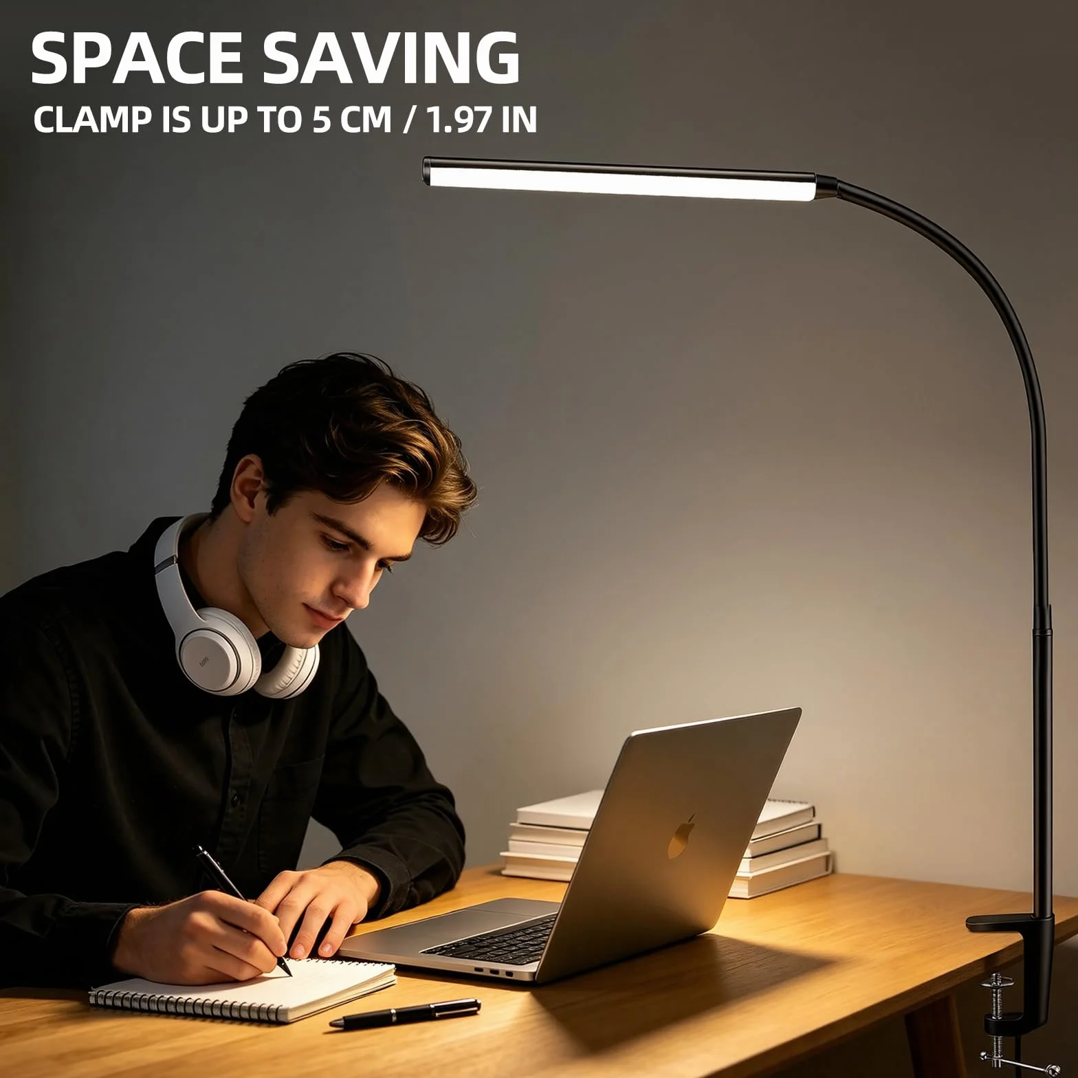 Akynite Lampa zaciskowa USB, adapter w zestawie, lampa do czytania, 3 kolory i 10 intensywności, elastyczna lampa biurkowa dla dzieci, klips do manicure stołowego, czarna