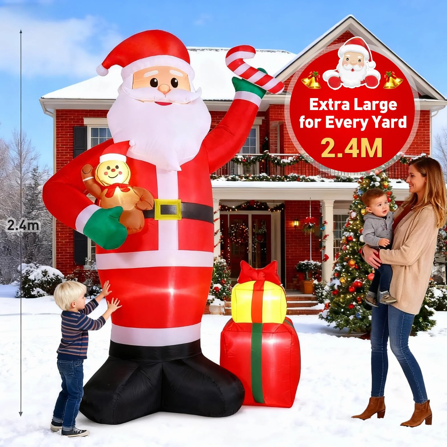 Quntis 244 CM Nadmuchiwany Święty Mikołaj na zewnątrz z ciepłymi białymi diodami LED, IP44 Nadmuchiwany Święty Mikołaj, XXL Nadmuchiwana dekoracja świąteczna na zewnątrz do ogrodu, trawnika
