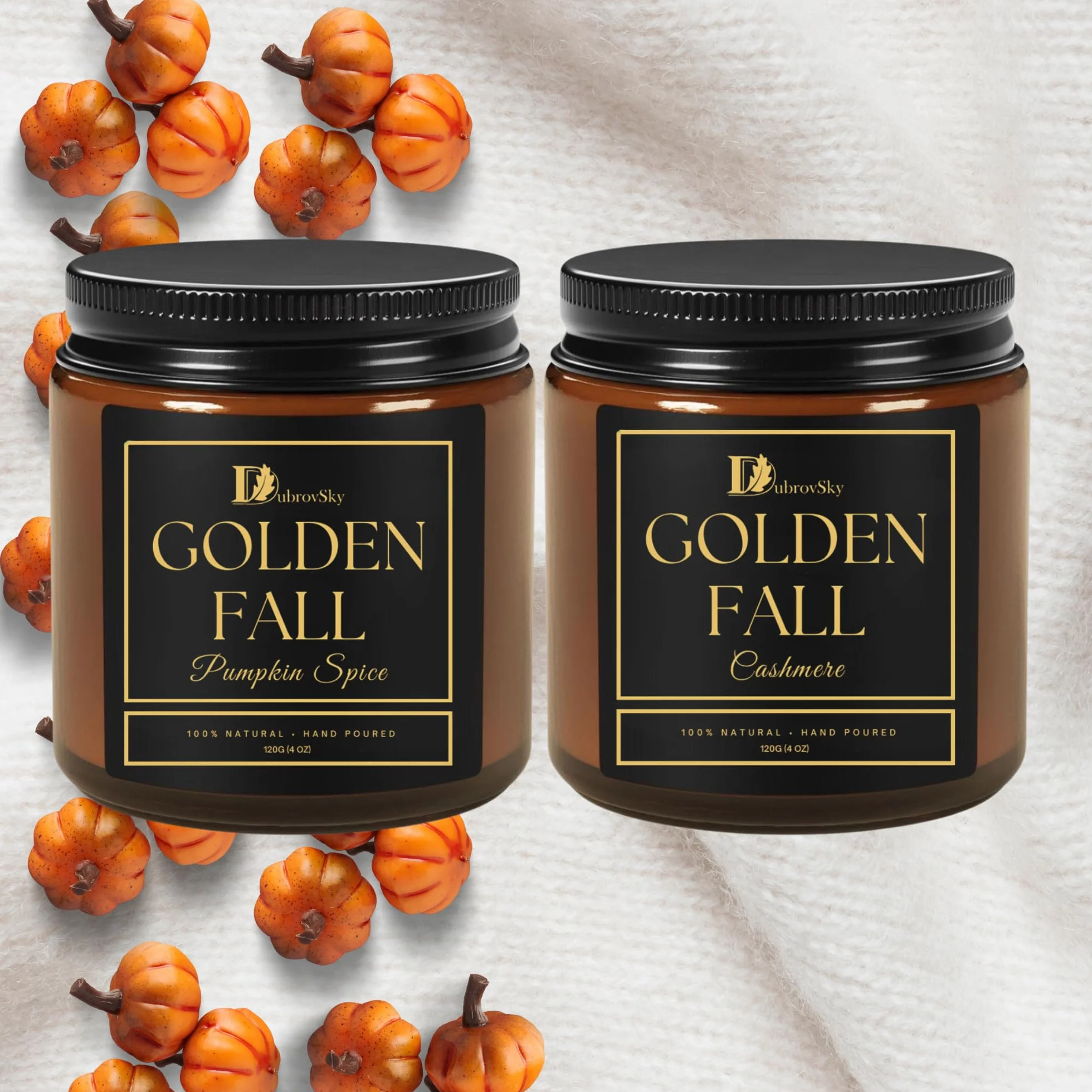 Ręcznie robione świece zapachowe zestaw "Złota jesień" – zestaw 2 szt. | Pumpkin Spice & Cashmere | świece aromatyczne w słoiku | zestaw upominkowy świec na jesień, zimę, do dekoracji i atmosfery