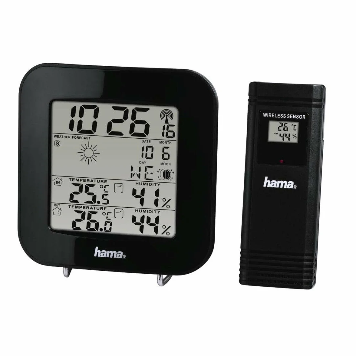 Hama Bezprzewodowa stacja pogody EWS-200 (termometr, barometr, higrometr, alarm, zewnętrzny cujnik, zasięg 30 m, niebieski wyświetlacz, wymiary 11 x 2,5 x 11cm, na baterie) czarny