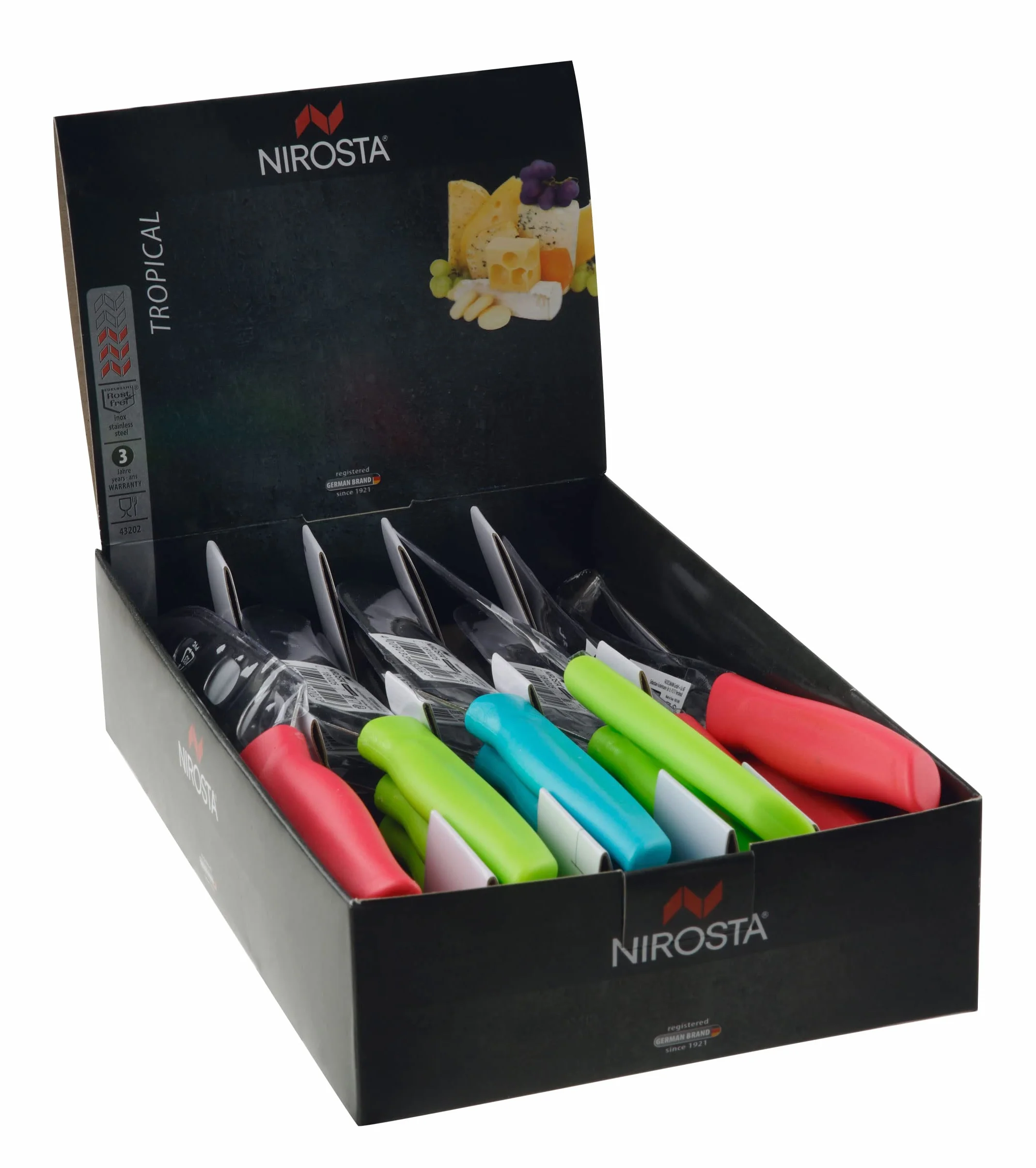 NIROSTA 43202 Fackelmann nóż do sera Tropical z tworzywa sztucznego/stali nierdzewnej, 24 cm, koralowy/zielony/niebieski