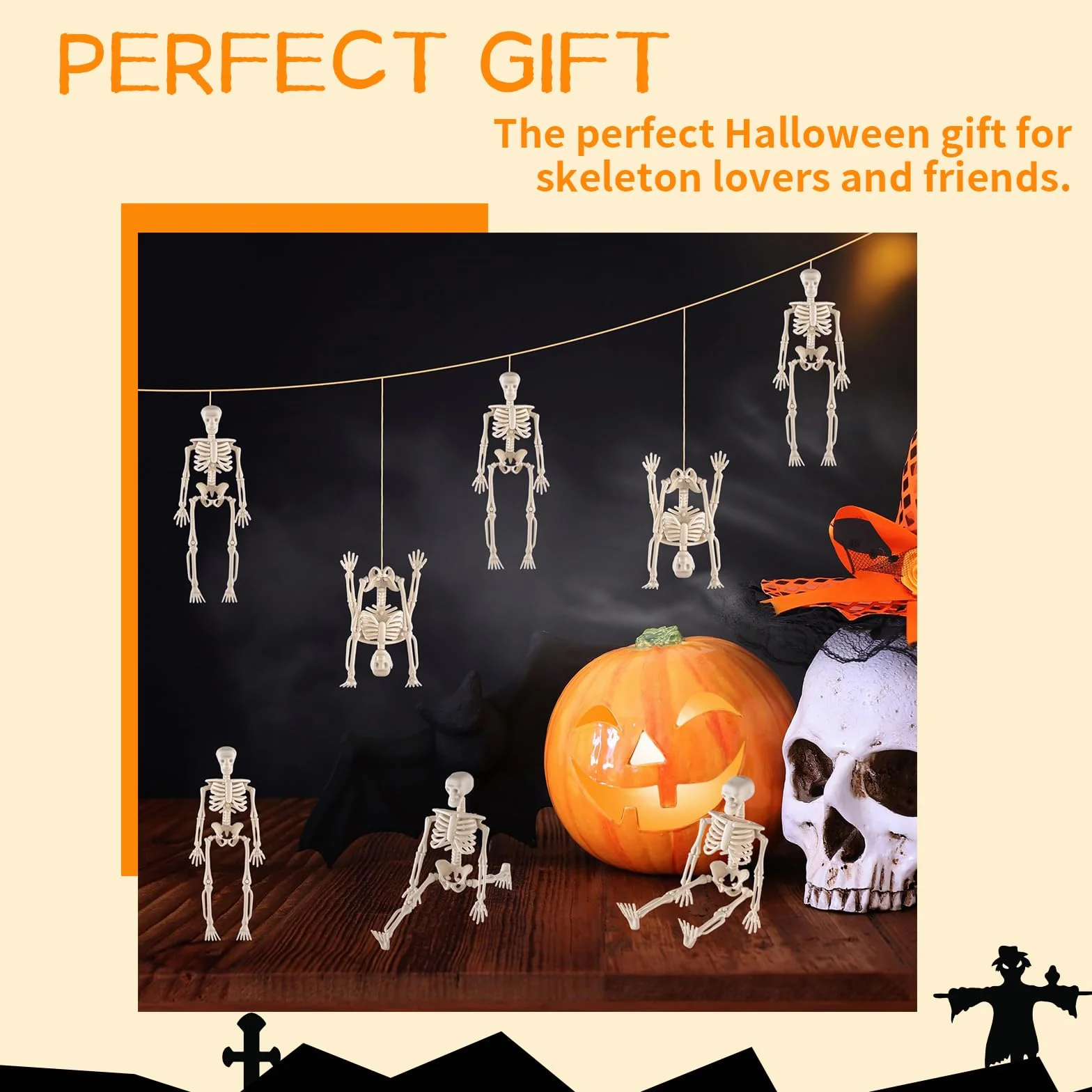 Hebterrka 8 sztuk dekoracyjnych mini szkieletowych figurek na Halloween, 15 cm, wysuwane plastikowe szkielety na straszną dekorację domu na Halloween, dekoracja domu duchów i prezenty na imprezę