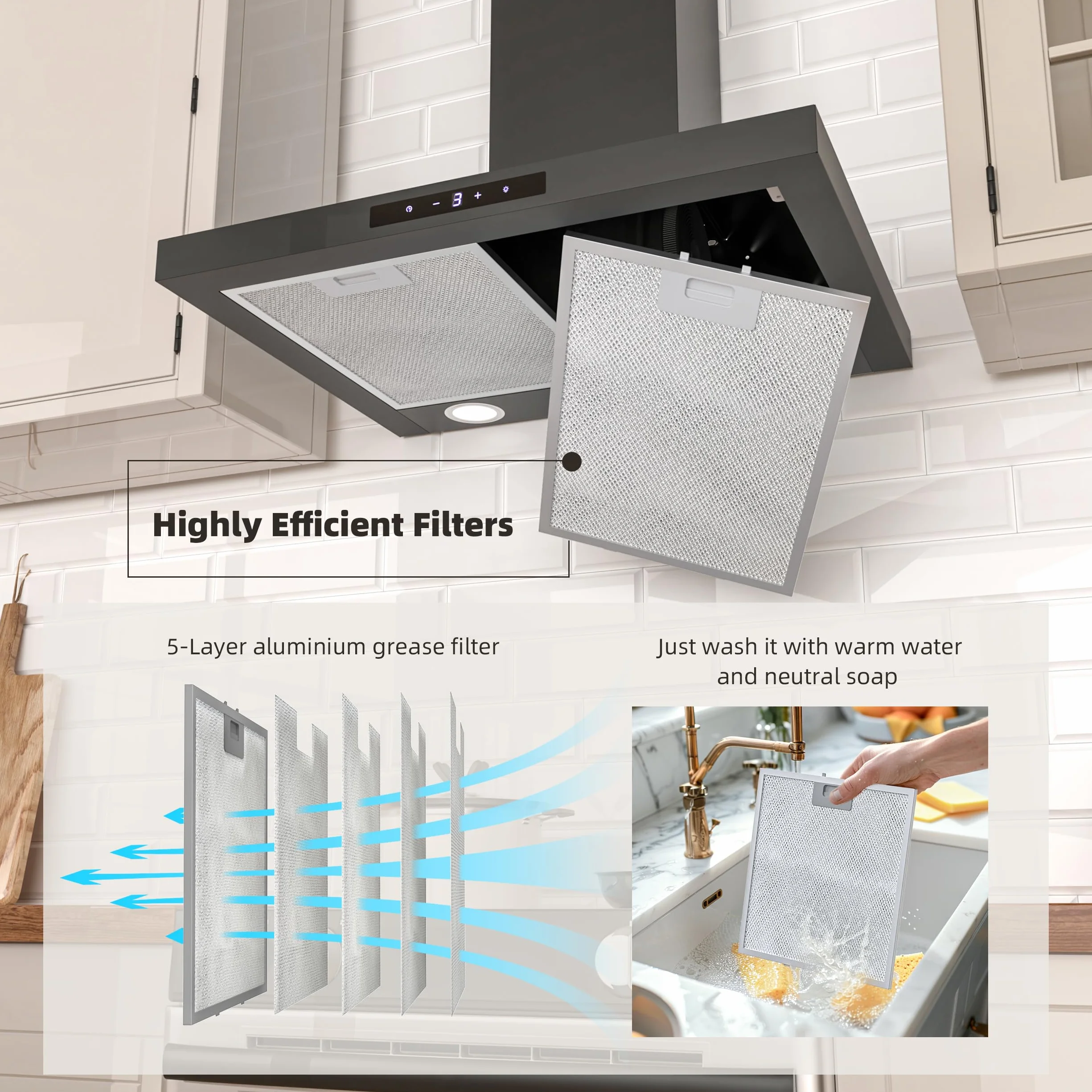 FIREGAS Okap kuchenny 60 cm czarny ze stali nierdzewnej, sterowanie dotykowe LED, 335 m³/h, klasa A
