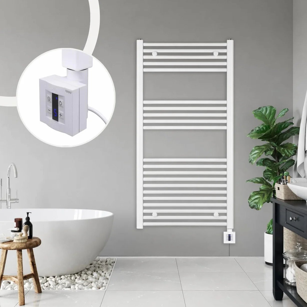 anapont Elektryczny grzejnik łazienkowy 1175 x 500 cm, biały, prosty – funkcja timera – grzejnik na ręczniki – wyprodukowano w Niemczech