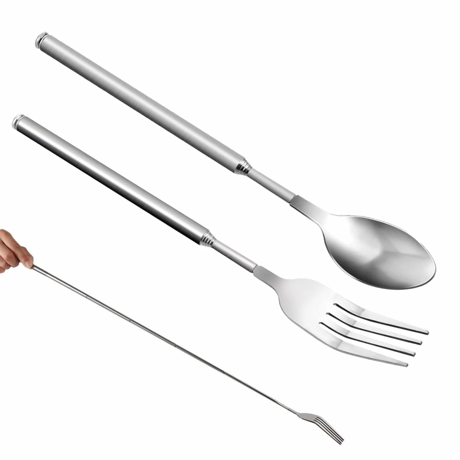 Zestaw 2 teleskopowych widelców, łyżki teleskopowe, widelce, wysuwane, długie łyżki, 63 cm, ze stali nierdzewnej, widelec teleskopowy 64 cm, do grilla, tostów, kolacji, owoców, deserów