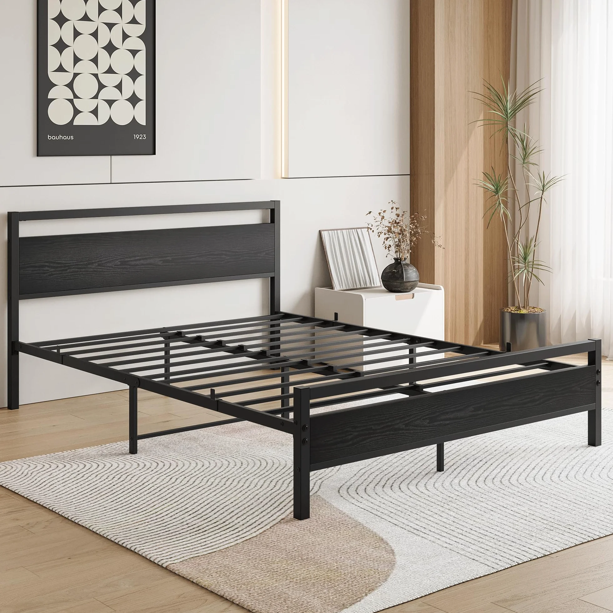 HOJINLINERO Rama łóżka 140 x 200, rama łóżka podwójnego, metalowa rama łóżka 140 x 200 cm, z stelażem z metalu i drewna, zagłówek, łóżko dla gości, łóżko młodzieżowe, do sypialni, pokoju gościnnego