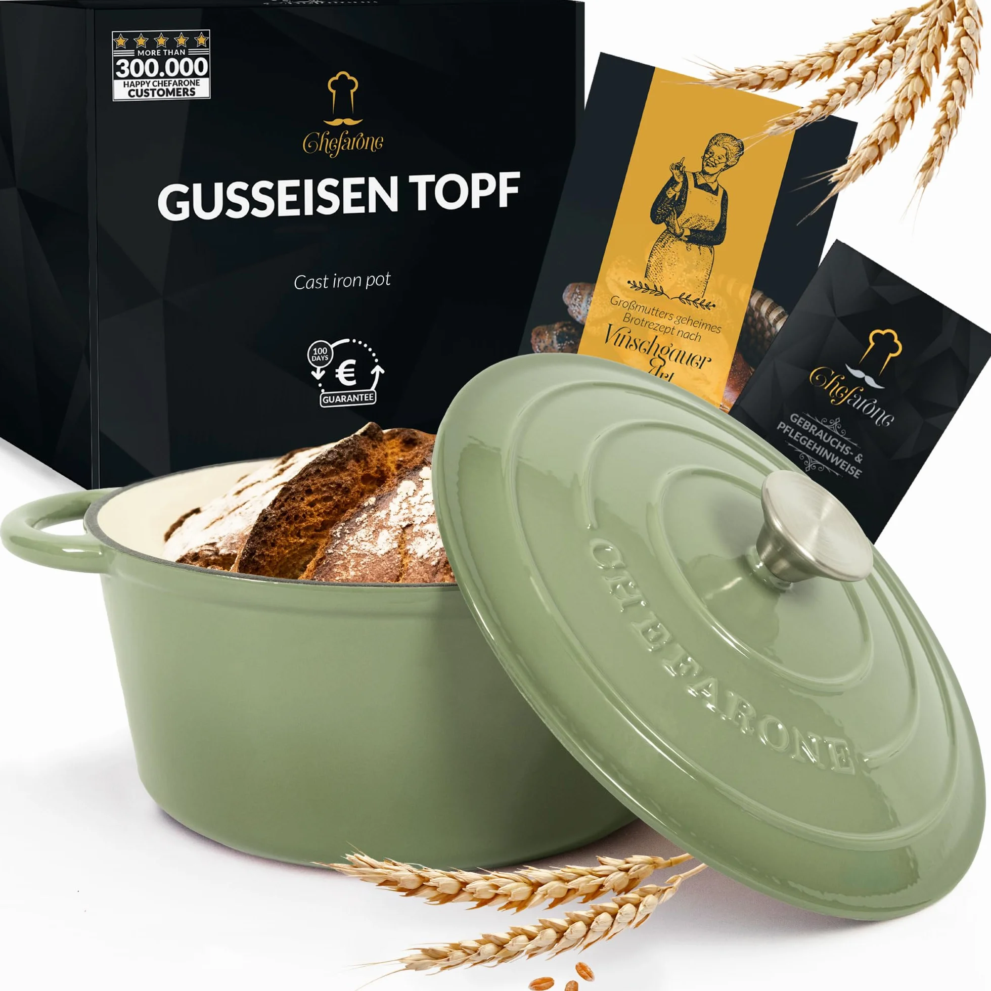 Garnek żeliwny emaliowany z pokrywką 4,7 l – do chleba, pieczenia, bigosu, duszenia – na indukcję i do piekarnika (Zielony)