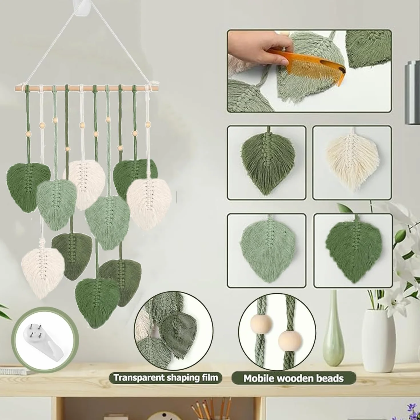 Makrama wiszące liście makrama ścienna boho liść tkany gobelin zielony liść frędzle gobelin boho makrama liść dekoracja ścienna do salonu sypialni pokoju dziecięcego mieszkania