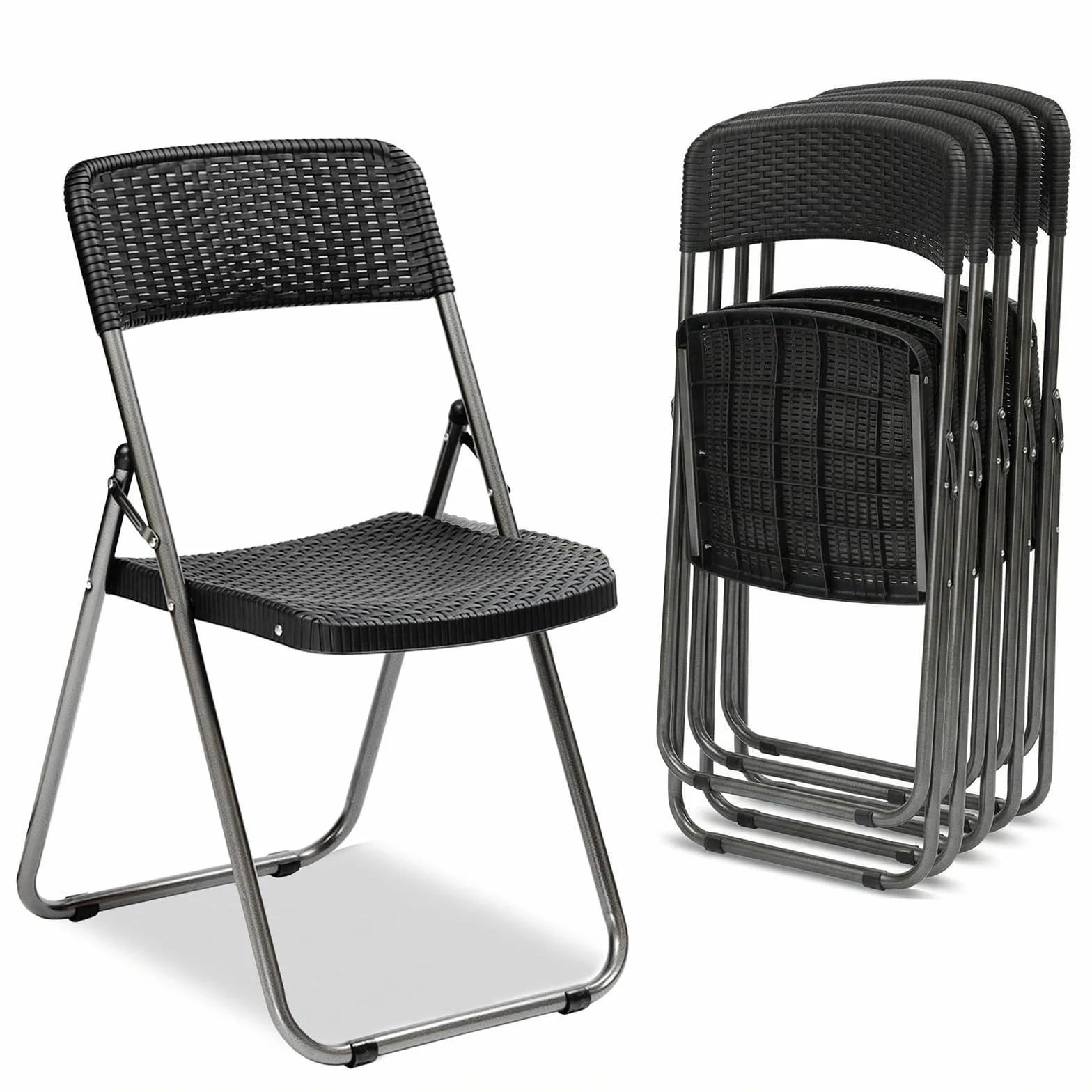Sekey rattanowe krzesło ogrodowe, składane, 6 sztuk, 200 kg, 46 x 53 x 84 cm, wodoszczelne, na balkon, do ogrodu, zestaw krzeseł ogrodowych, czarne