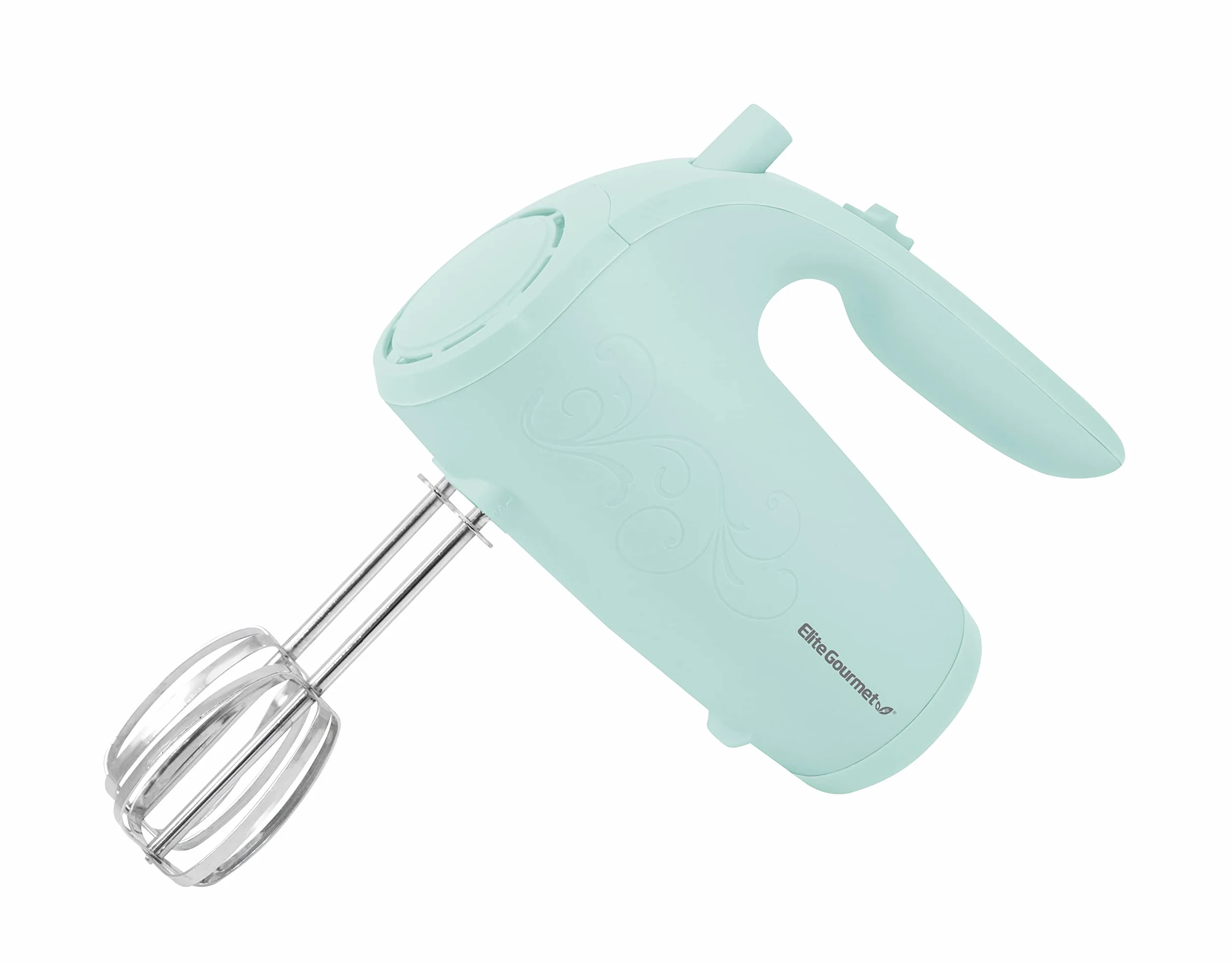 Elite Gourmet EHM003M Ultra Power elektryczny mikser ręczny, 5 biegów, z 2 bardzo szerokimi mieszadłami ze stali nierdzewnej do gładkich, kremowych mieszanek, plus praktyczne przechowywanie mieszadła,