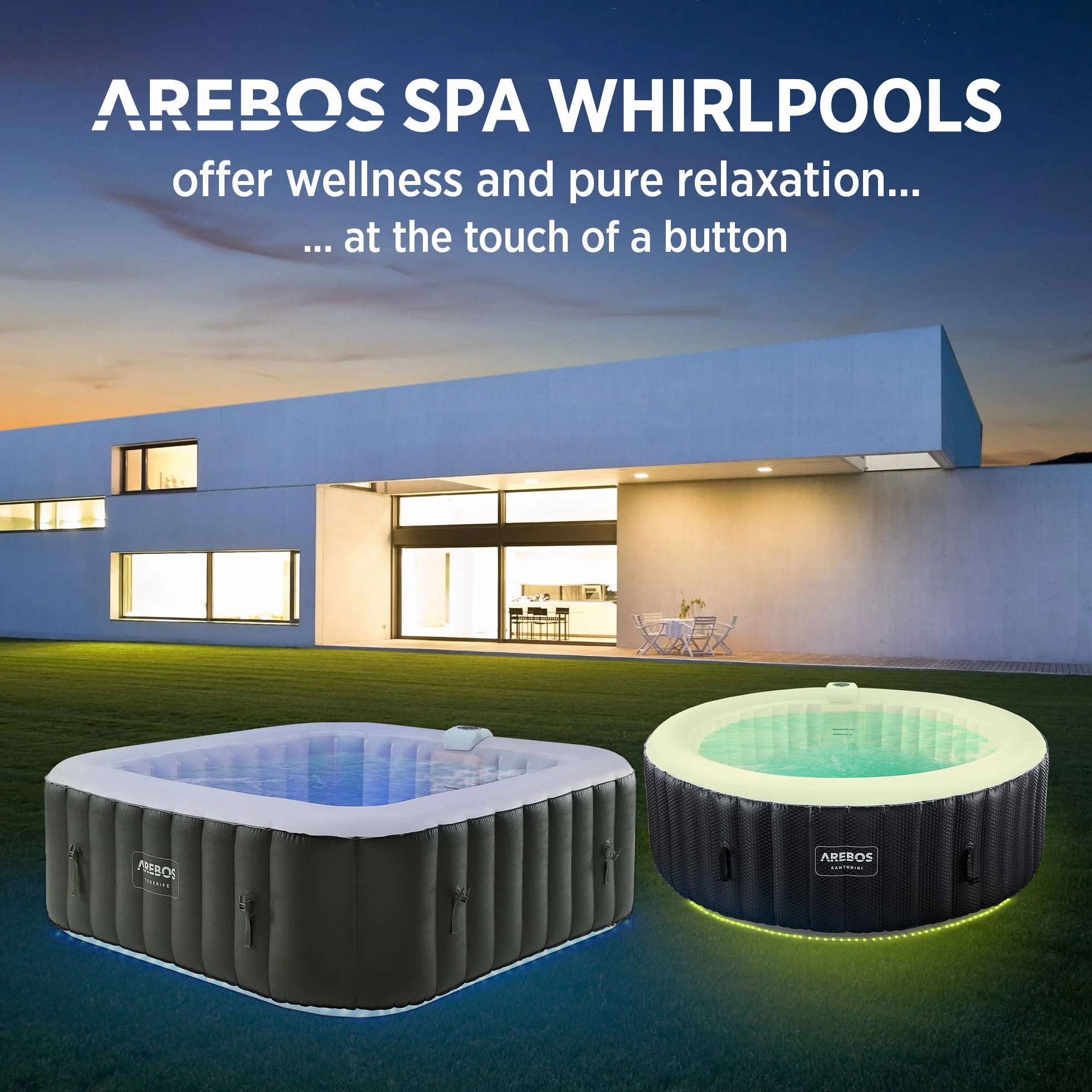 Arebos Nadmuchiwane Spa | Automatyczny nadmuchiwany | Wnętrze i zewnętrze | 185x185cm | 6 osób | Listwa świetlna LED | 130 dysz masujących | 910 L | z pokrywką | Masaż Bubble Spa i Wellness