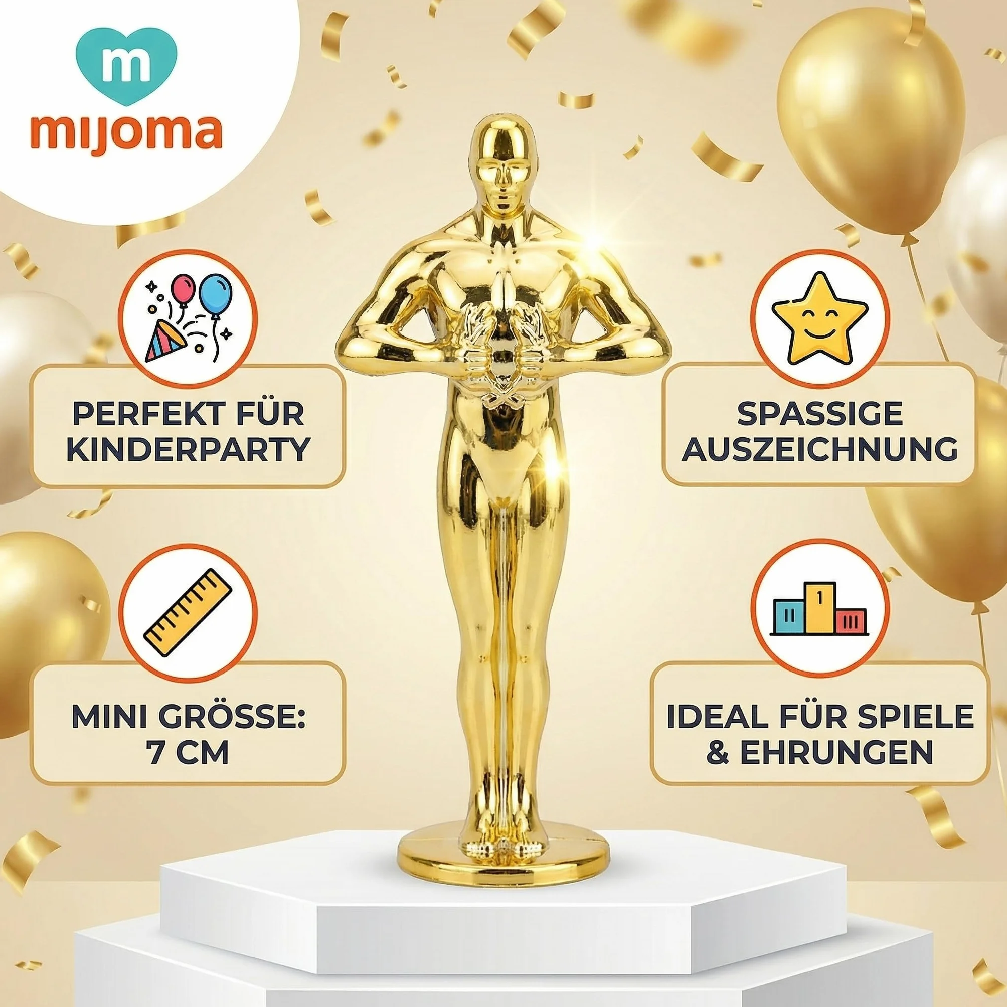 MIJOMA Mini trofeum 7 cm – złoty puchar zwycięzców z tworzywa sztucznego – idealne na urodziny dziecka, gry imprezowe, wyróżnienia i zabawne nagrody