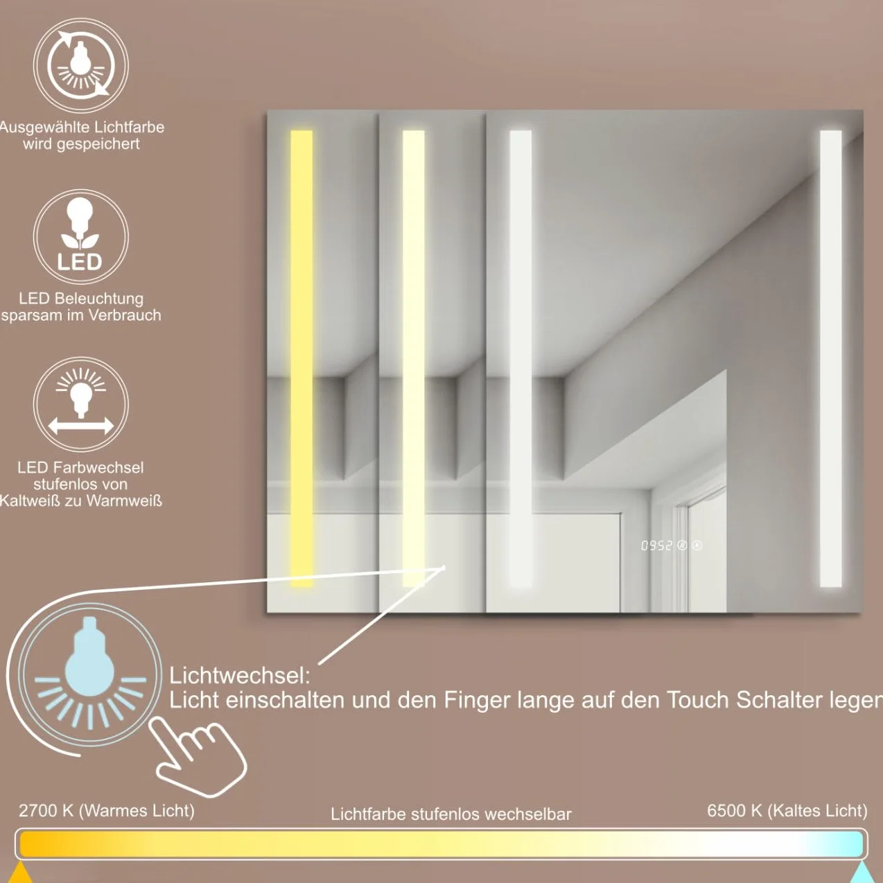 HOKO® Lustro łazienkowe LED 50 x 70 cm z zegarem i lustrzanym ogrzewaniem przeciwmgielnym z oświetleniem + zmianą diod LED, ciepła biel, zimna biel, neutralne