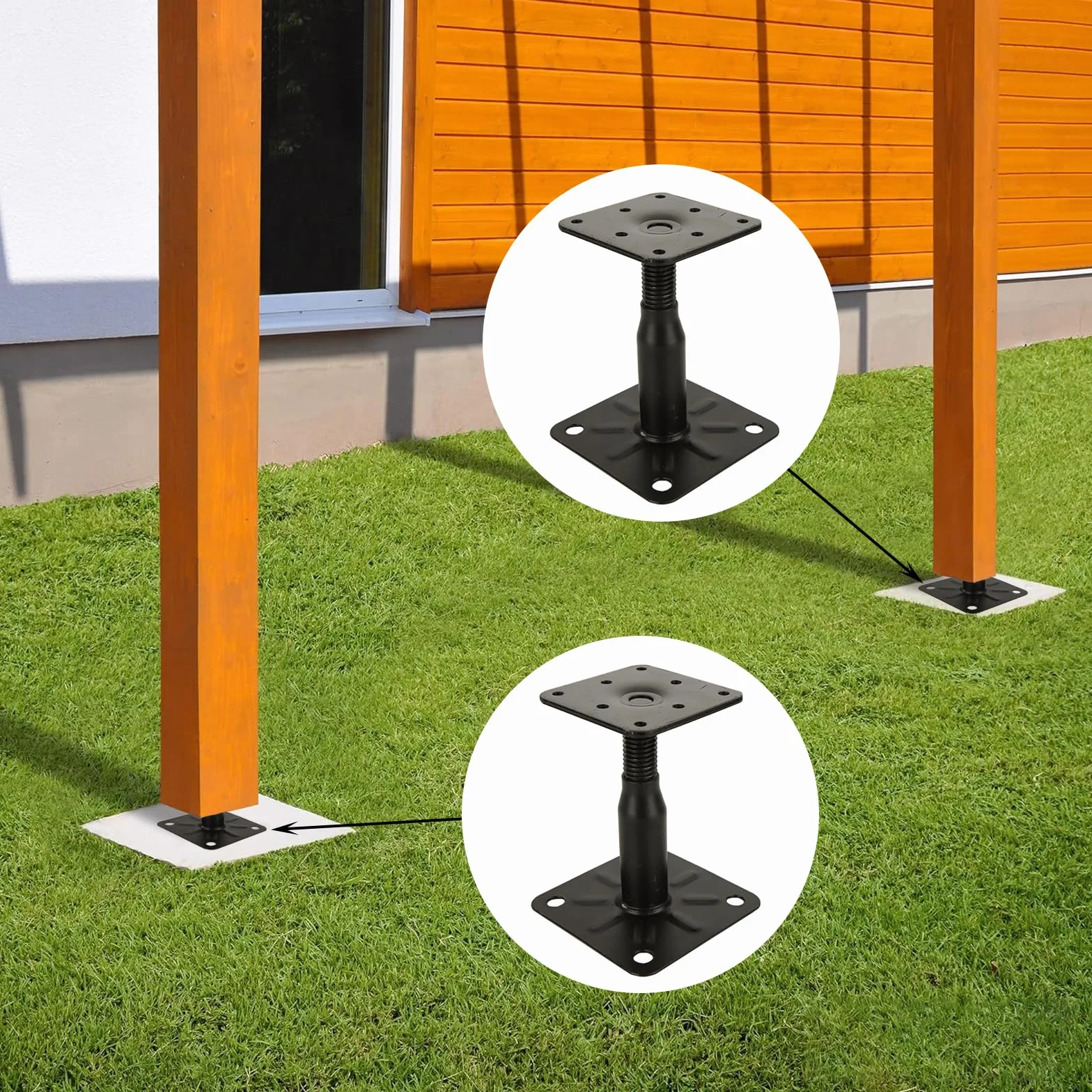 AKOLAFE 4 sztuki wsporników słupków z regulacją wysokości 100-150 mm, podstawa podporowa ze stali ocynkowanej ze śrubami 75 x 95 mm, regulowane wsporniki słupków do zabetonowania tarasów, ogrodzeń