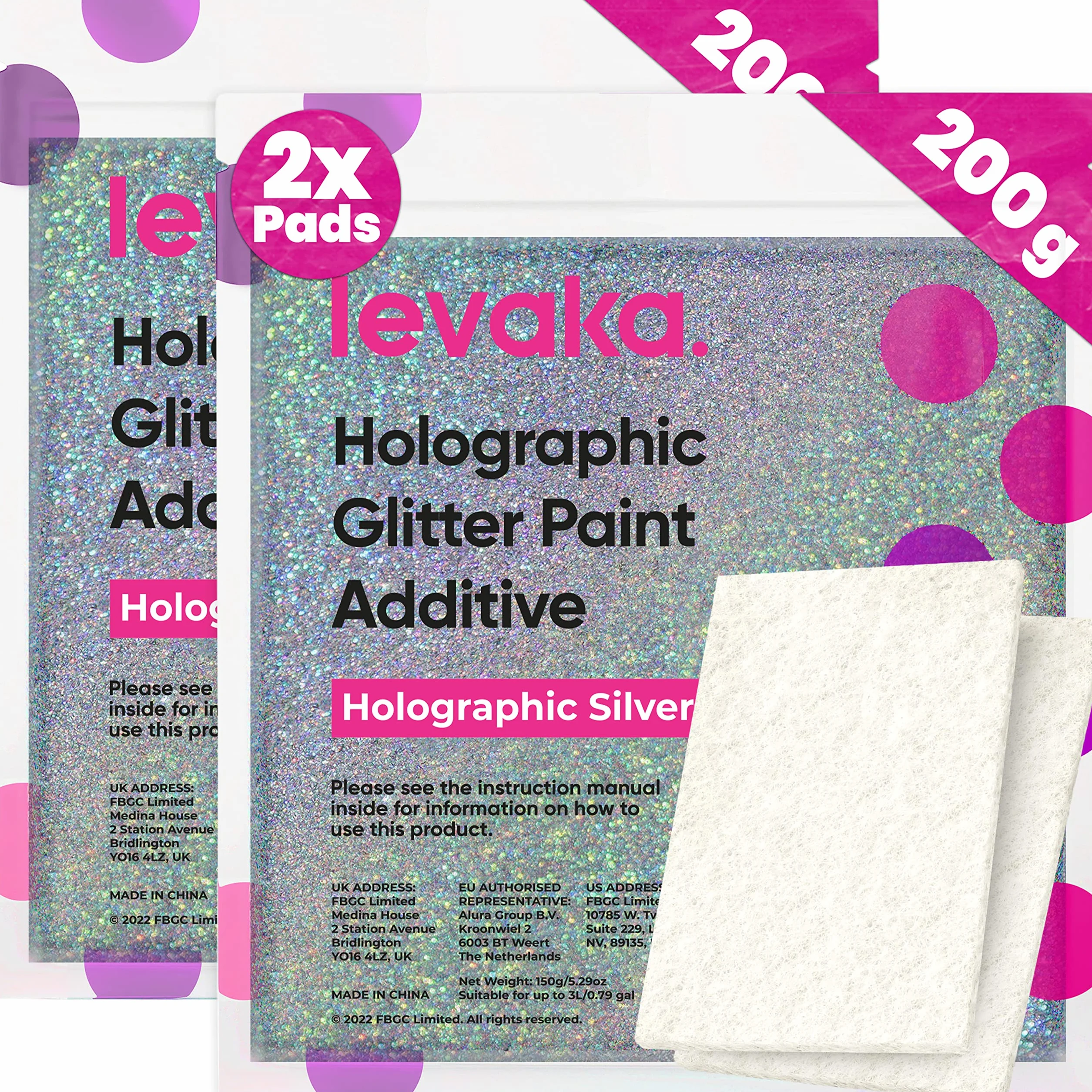 400g Holograficzny Srebrny Brokat do Farby – 2 x Nakładki Polerujące – Brokat do Ścian Mieszalny z Każdym Rodzajem Farby Emulsyjnej – Lśniące Brokatowe Ściany Wewnątrz i na Zewnątrz, Sufity, Drewno