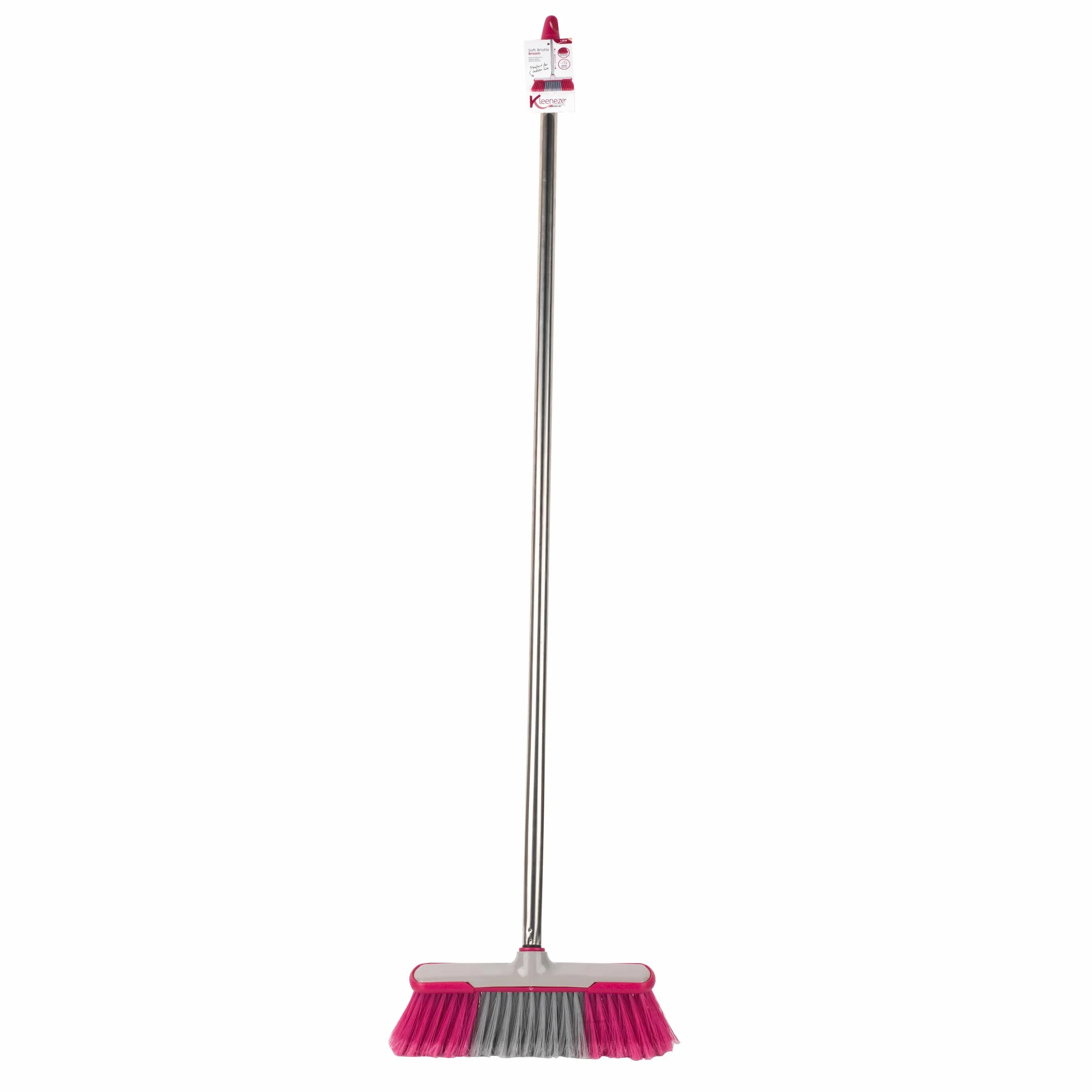 Kleeneze KL062437EU Soft Bristle Sweeping Brush, Indoor Floor Sweeper Broom, Perfect for Kitchen/Laminate/Vinyl/Hard Floors, 1.2 Metre Handle, Stainless Steel, Grey/Pink